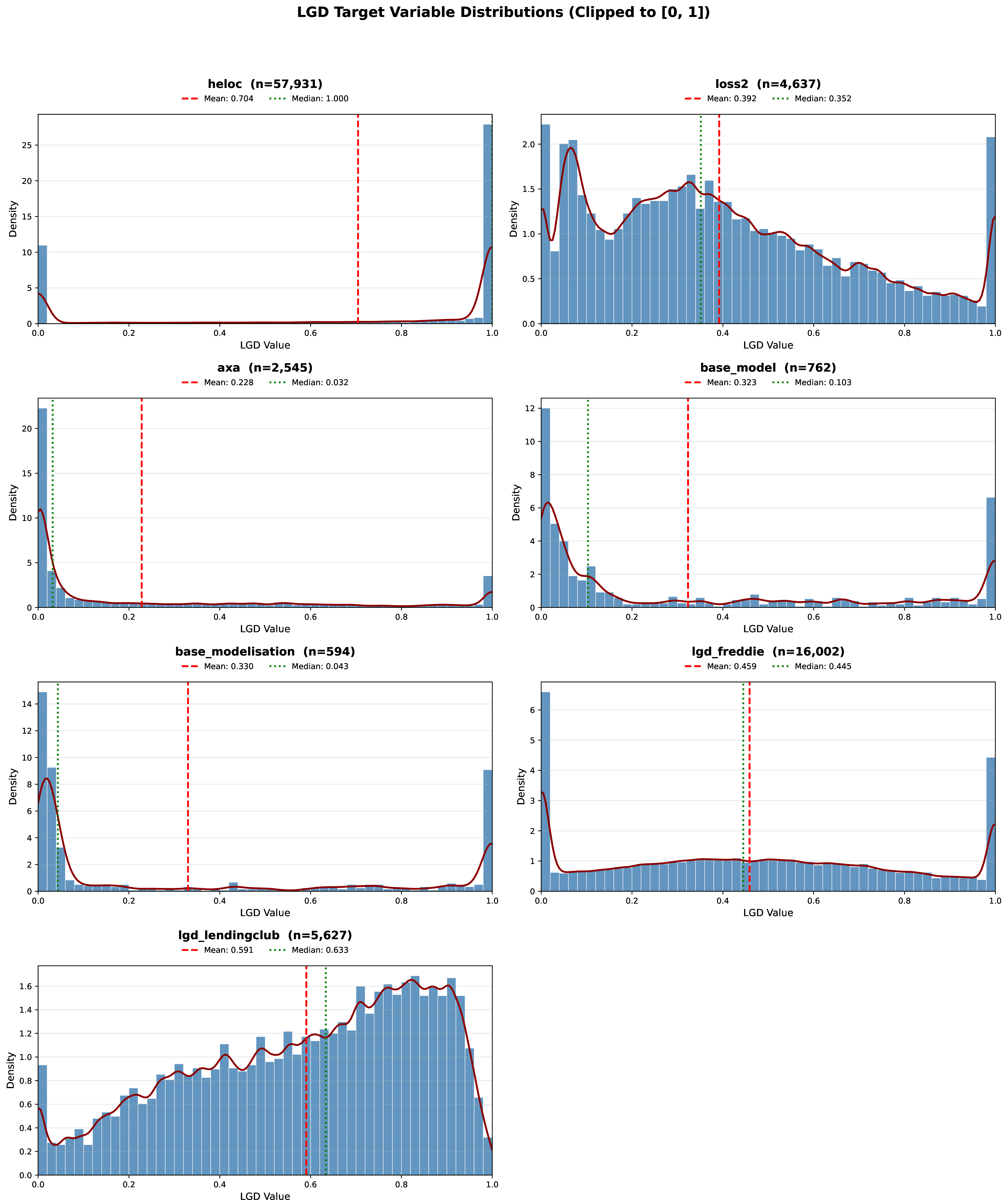 Figure 1: Distribution of the target variable in the LGD datasets.
