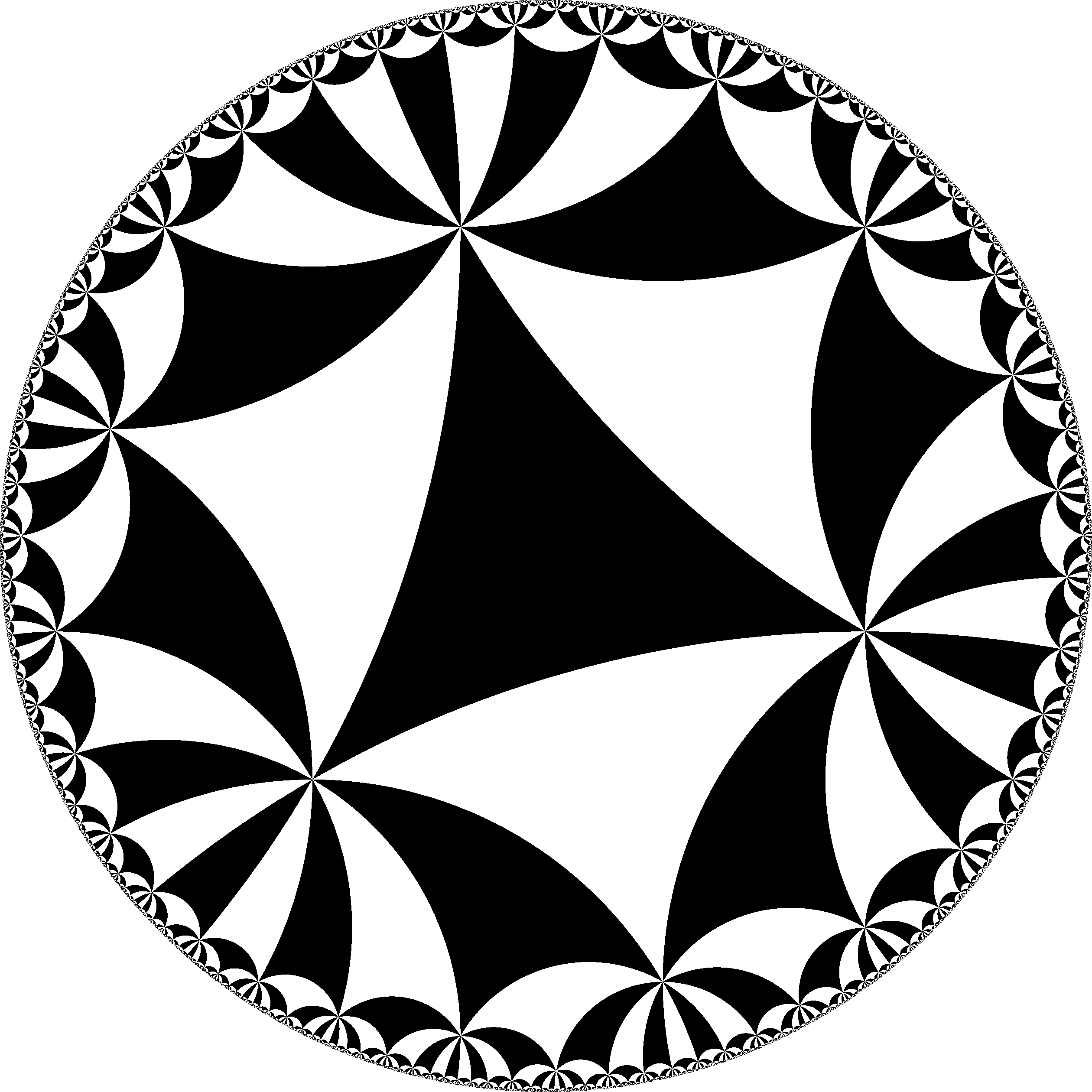 Figure 3: The above image is work of A. Sherwood, whose source can be found on Wikipedia. The (6,6,6) triangle group (that is, the Coxeter group on a triangle with all edge labels 6) acts on \mathbb{H}^2 by reflections along the sides of a hyperbolic triangle T with all angles \pi/6, whose translates cover the space. The quotient orbifold is isomorphic to T itself, and has three mirror segments intersecting at three corner reflectors of angles \pi/6. The stabiliser of any vertex v in T is a copy of the dihedral group D_6, generated by the reflections along the sides of T meeting at v.