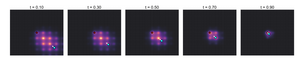 Figure 3: Visualization of the conditional terminal density \eta_{\lambda,t,x} and of the barycentric drift \mathbf{u}_\lambda^*(t,x) at several times. Early times correspond to broad terminal averaging, while late times recover a local direction.