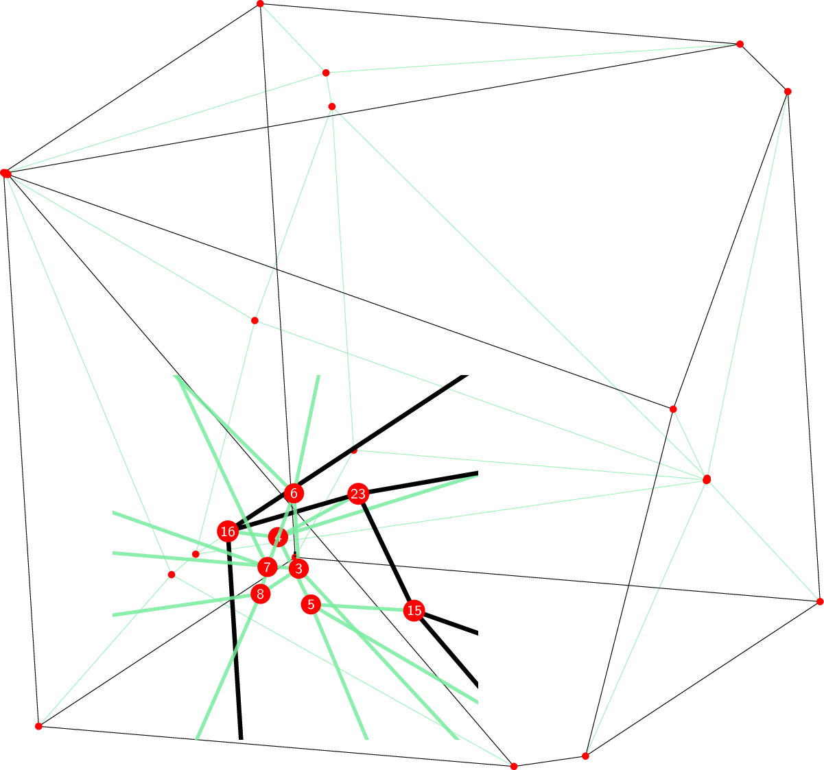 Figure 2: Schlegel diagram of P_R for the \{2,2,3,1\} instance on the outer facet x_1=0 (facet edges in black).
