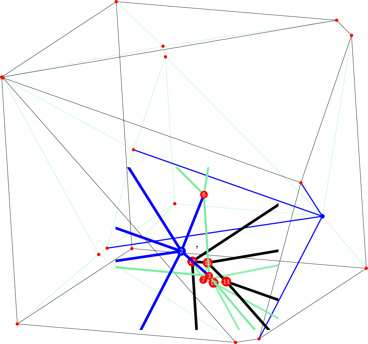 Figure 1: Schlegel diagram of P_R for the \{3,3,4,2\} instance on the outer facet x_1=0 (facet edges in black).