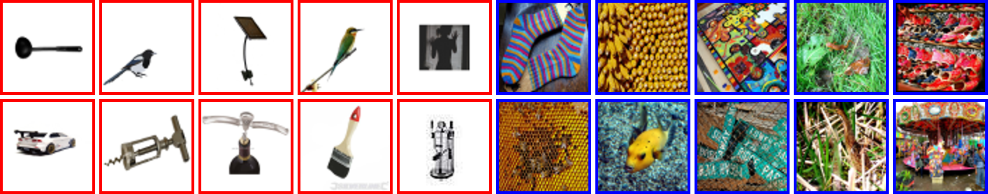 Figure 4: ImageNet test set images with the highest densities (left) and the lowest densities (right) as identified using our model. Higher likelihood images appear to have higher frequencies manifested by sharper contours and shapes, while lower likelihood images appear to have lower frequencies in the form of regular geometric patterns. This is consistent with the literature [7].