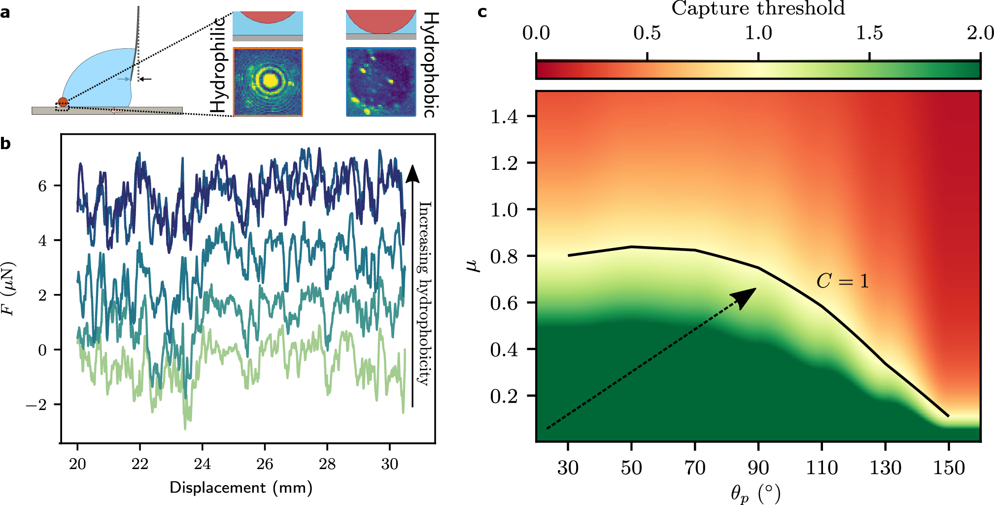 Figure 5: (a) Interference fringes observed when imaging the reflection of the laser beam from below using an inverted confocal microscope confirms the presence of a water film under the hydrophilic particle. No interference fringes were present below the hydrophobic particle, indicating the absence of a water film. Speed: 100 \mum/s. (b) Force on the particle when it was pulled by the drop for 5 successive runs of the same experiment. The force was measured from the cantilever deflection. Each force curve corresponds to a different run using the same particle. The bottommost curve (light green) corresponds to the first run and the topmost curve (dark blue) corresponds to the last run. Initially the particle was hydrophilic (\theta_p\approx 20^\circ). The force increased after each run up to the fourth run, indicating that the particle friction increases due to the accumulation of free PDMS chains. The curves for the last two runs almost overlap, indicating the that particle became saturated with PDMS. (c) Dependence of the capture parameter as a function of \mu and \theta_p for \theta_s=90^\circ. In this diagram, C was calculated using Eq. 5 and the capillary force curves in Fig. 3b and Supplementary Fig. 1. The dashed arrow indicates the general direction in which we expect \mu and \theta_p to increase as the contact time between the particle and the surface increases in (b).