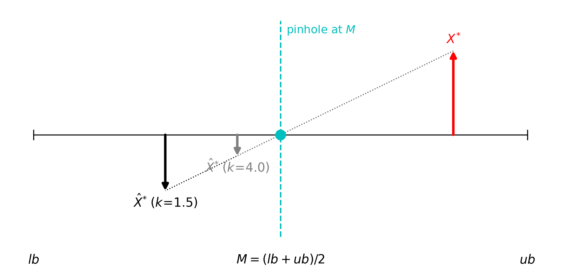Figure 2: Pinhole-imaging POBL geometry. The leader X^{*} is reflected through the search-space centre M to produce a candidate \hat{X}^{*} whose magnification is 1/k(t): a small k (early iterations) yields a long jump (black) and a large k (late iterations) yields a short jump (grey).