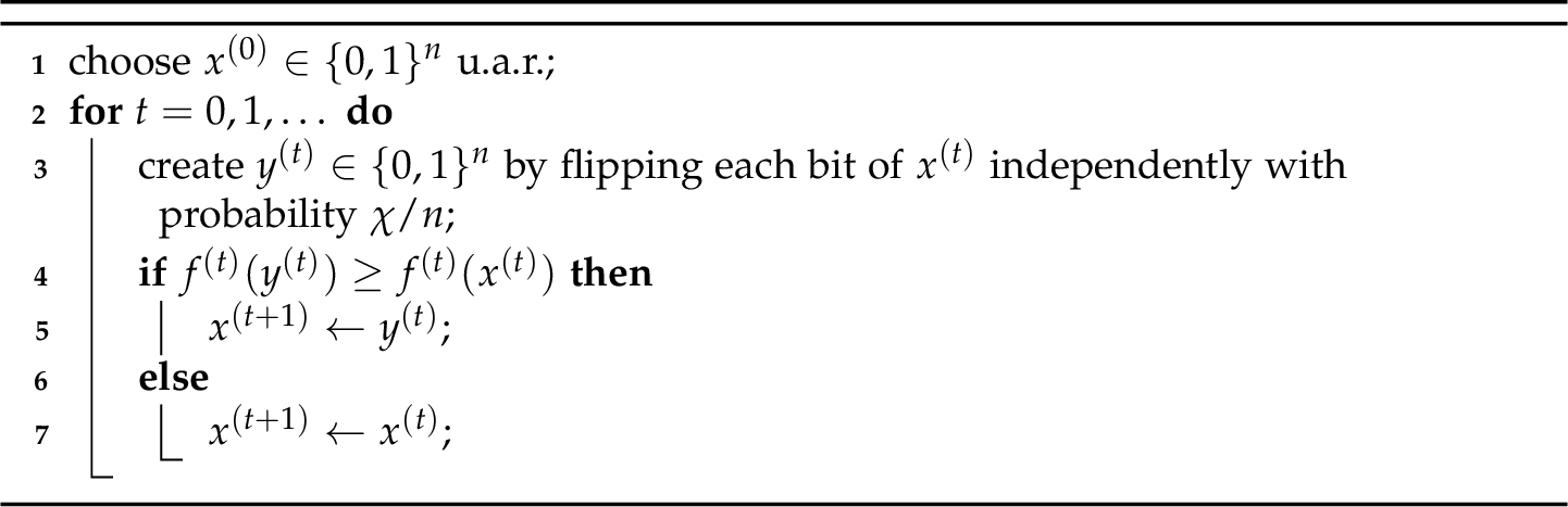 Figure 1: The (1+1)\text{-EA} with mutation rate \chi/n maximising the dynamic environment (f^{(t)})_{t\ge 0}.
