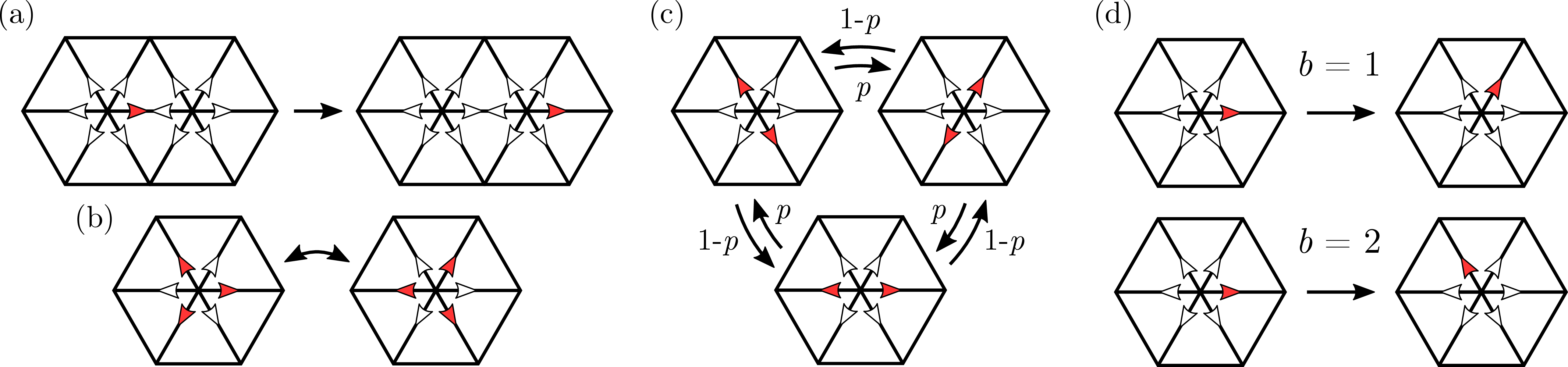 Figure 1: A graphical representation of the rules governing the time evolution of the chiral automaton. Particles are indicated by red arrows pointing from their associated lattice site \mathbf{x} along the direction of their velocity \ell. (a) The streaming step, moving a particle to the next lattice site in the direction of its velocity. (b) Three-body collisions between configurations C_{3,i}. (c) Chiral two-body collisions between configurations C_{2,i}; the probability for clockwise and counter-clockwise scattering are allowed to differ. (d) The magnetic effect demonstrated for a single particle, shifting the link index by b after streaming and rotating the velocity. All configurations are rotated in this way.