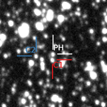Figure 2: 30'' \times 30'' cutout of the reference image around Phoebe (PH). The positions of Phoebe and the two comparison stars (C1, C2) are indicated by tick marks. North is up, and East is to the left.
