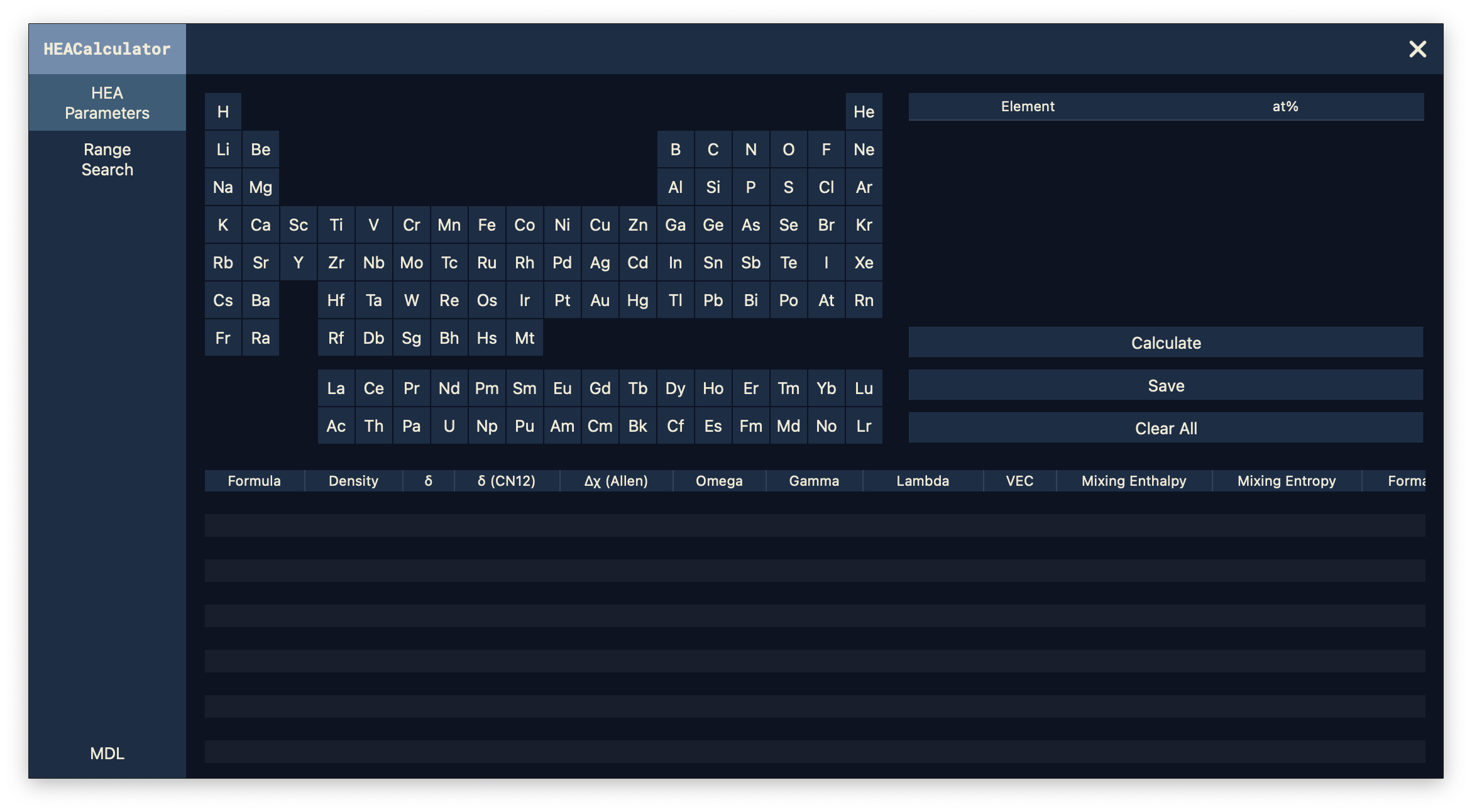 Figure 1: The HEACalculator graphical interface showing the HEA Parameters page. Users select elements from the periodic table, assign atomic-percent compositions, and calculate thermodynamic descriptors and solid-solution predictions in a single shared results view.