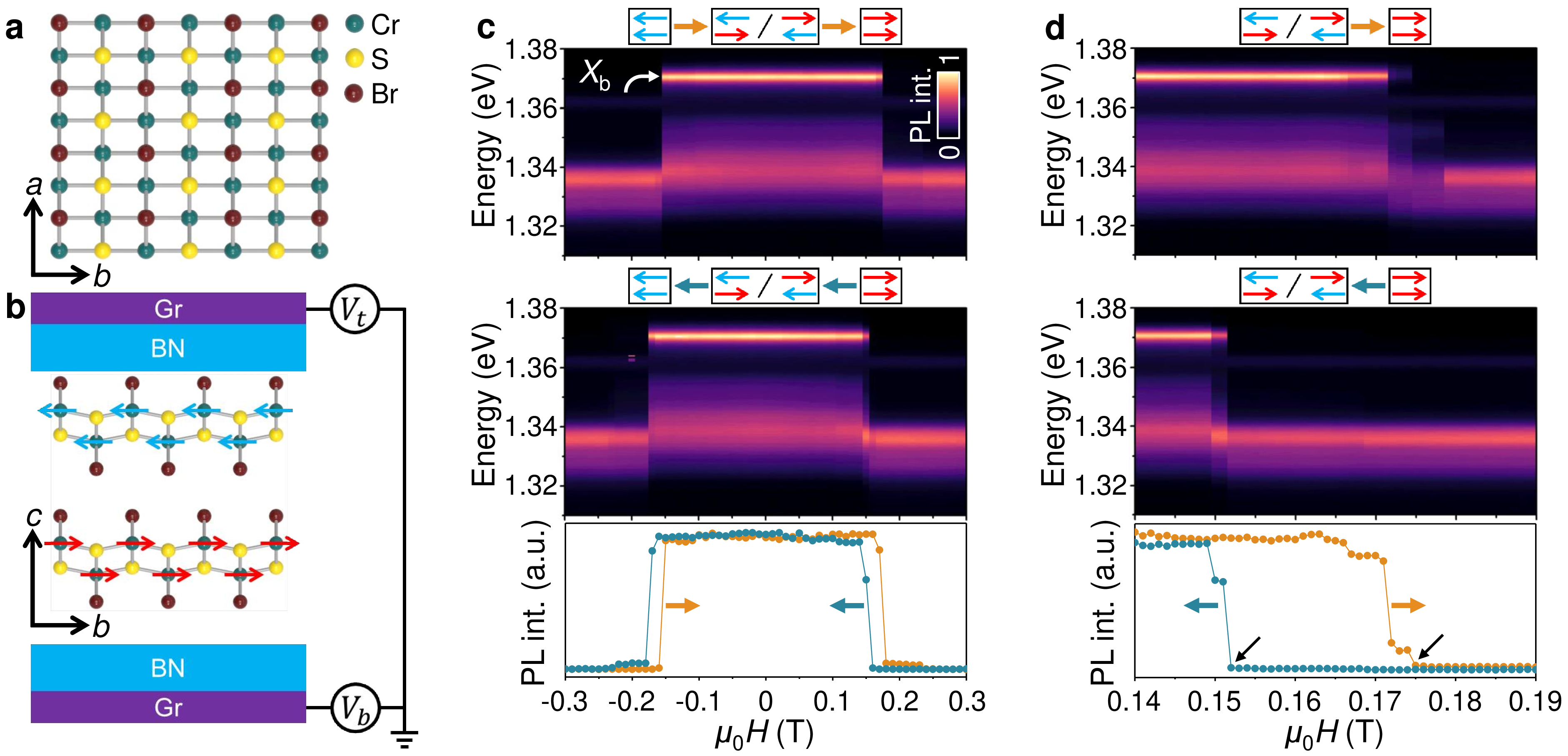 Figure 1: Crystal structure and magneto-PL spectra of bilayer CrSBr. a Top view of the crystal structure of bilayer CrSBr, with arrows indicating the crystallographic axes. b Schematic illustration of the dual-gated device structure, and the side view of CrSBr crystal structure. Bilayer CrSBr is encapsulated by two hBN flakes, while few-layer graphite serves as the top and bottom gates. V_{\mathrm{t}} and V_{\mathrm{b}} denote the top- and bottom-gate voltages, respectively. Blue and red arrows represent opposite magnetic-moment orientations. c Upper two panels: magneto-PL spectra measured under opposite magnetic-field sweeping directions along the b axis. The schematics above the panels illustrate the evolution of magnetic-moment orientations and the corresponding magnetic-field sweep directions (orange and cyan arrows indicate opposite sweep directions). Bottom panel: extracted PL intensity near 1.371 eV. d Same as c, but measured over a smaller magnetic-field range with a finer field step of 1 mT. Black arrows indicate the critical magnetic fields associated with the spin-flip transition.