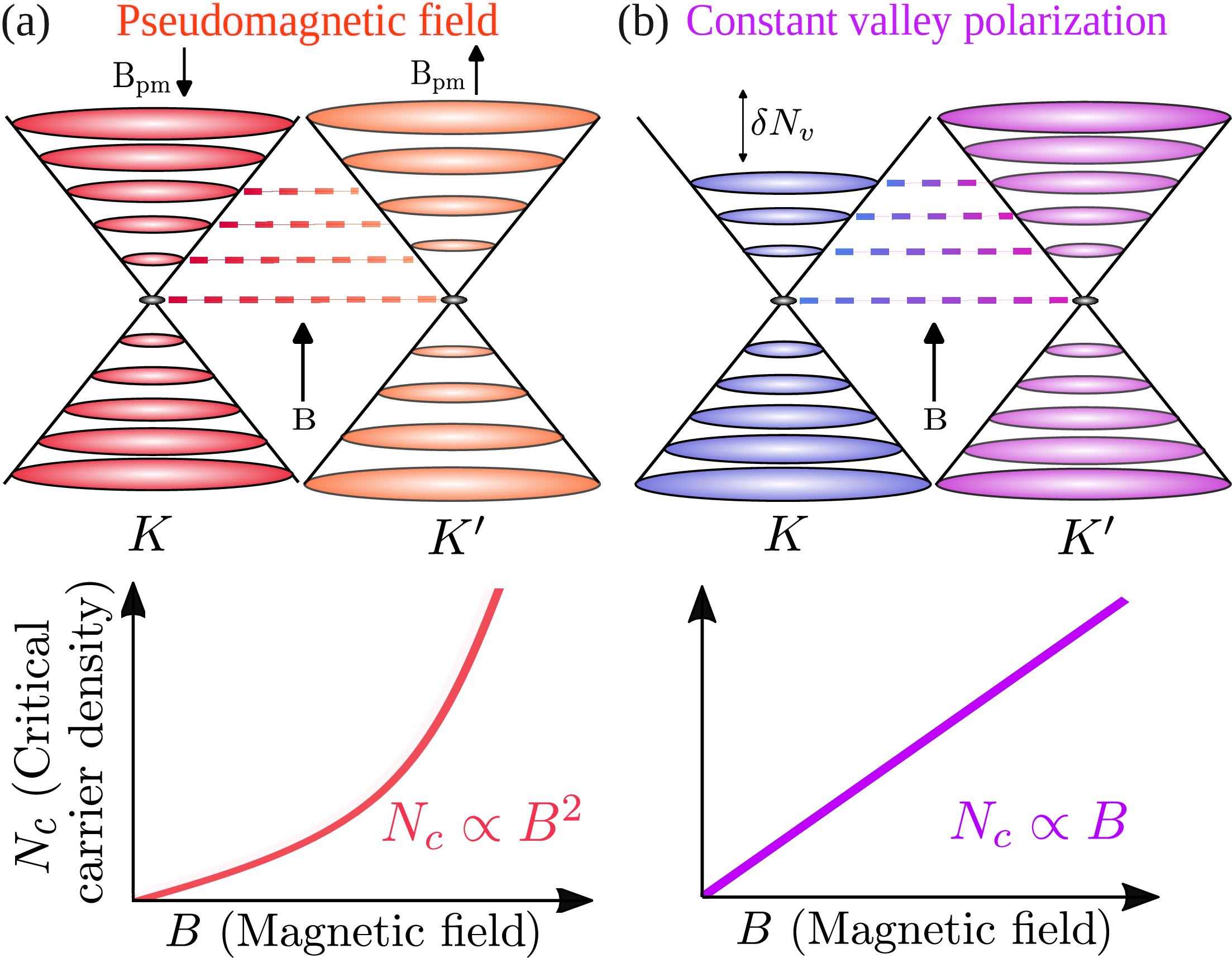 Figure 1: Schematic diagnostic of beating-node trajectories in the carrier density and magnetic field plane. The node positions are determined by the source of the frequency mismatch between the two oscillatory channels. A density imbalance proportional to carrier density, such as a constant valley polarization or a Y-type Kekulé velocity imbalance, gives a linear-B trajectory, N_{c,j}\propto(2j+1)B_{c,j}. A strain-induced pseudomagnetic field gives a quadratic dependence, N_{c,j}\propto(2j+1)B_{c,j}^2. A constant valley- or spin-dependent splitting of the Dirac bands also gives a quadratic-B dependence, but with a different node sequence, N_{c,j}\propto(2j+1)^2B_{c,j}^2. The combination of magnetic field and node-index dependence distinguishes the microscopic origin of the beating patterns.