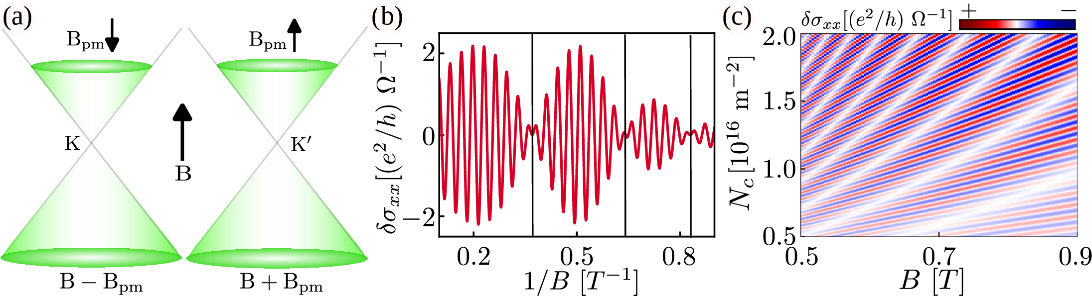 Figure 3: Field-like beating from a valley-contrasting pseudomagnetic field. (a) The two valleys have equal carrier density but experience B_\xi=B-\xi B_{\rm pm}. (b) The oscillatory response as a function of 1/B shows SdH oscillations modulated by a PMF envelope. (c) In the N-B plane, beating nodes follow N_{c,j}^{\rm PMF}\propto(2j+1)B_{c,j}^2. We use B_{\rm pm}=60~{\rm mT}.