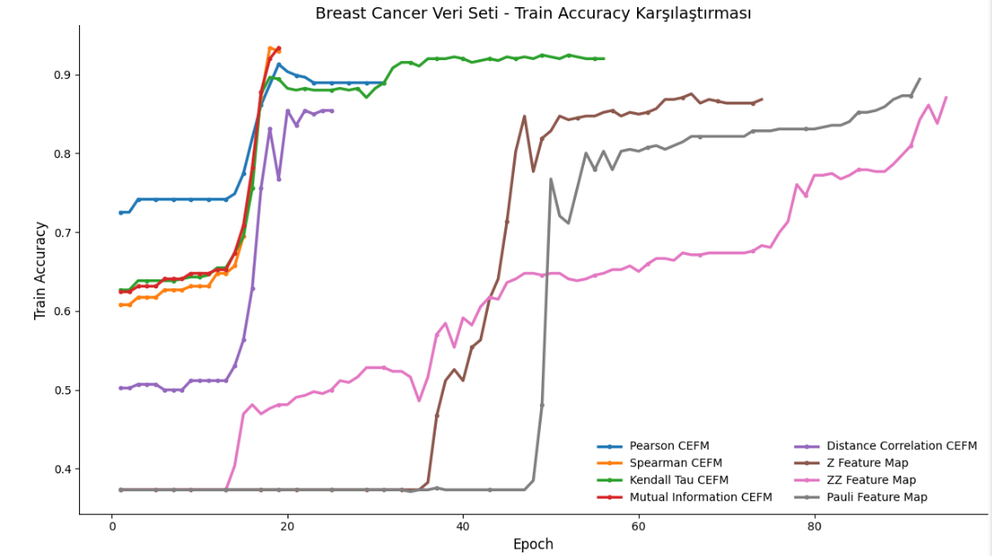 Figure 2: Training accuracy values throughout the epochs for the Breast Cancer dataset.