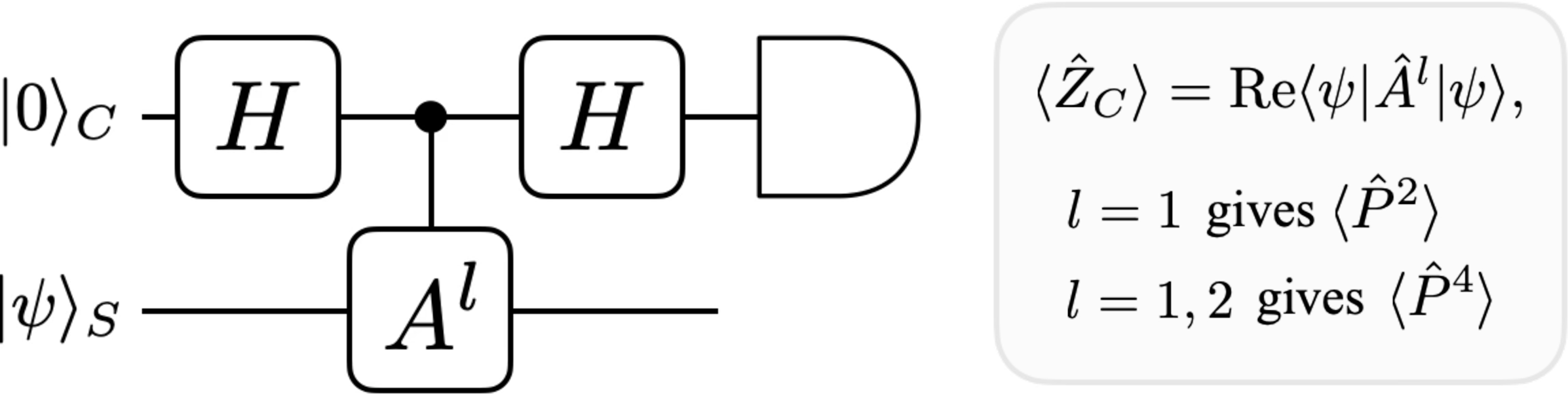Figure 1: Quantum circuit of the translation-moment estimator. A Hadamard-test-type circuit estimates the real part of a translation moment, m_l=\mathrm{Re}\langle\hat{A}^{l}\rangle. The moment l=1 is sufficient for the non-relativistic kinetic term, while the leading relativistic correction requires l=1,2.
