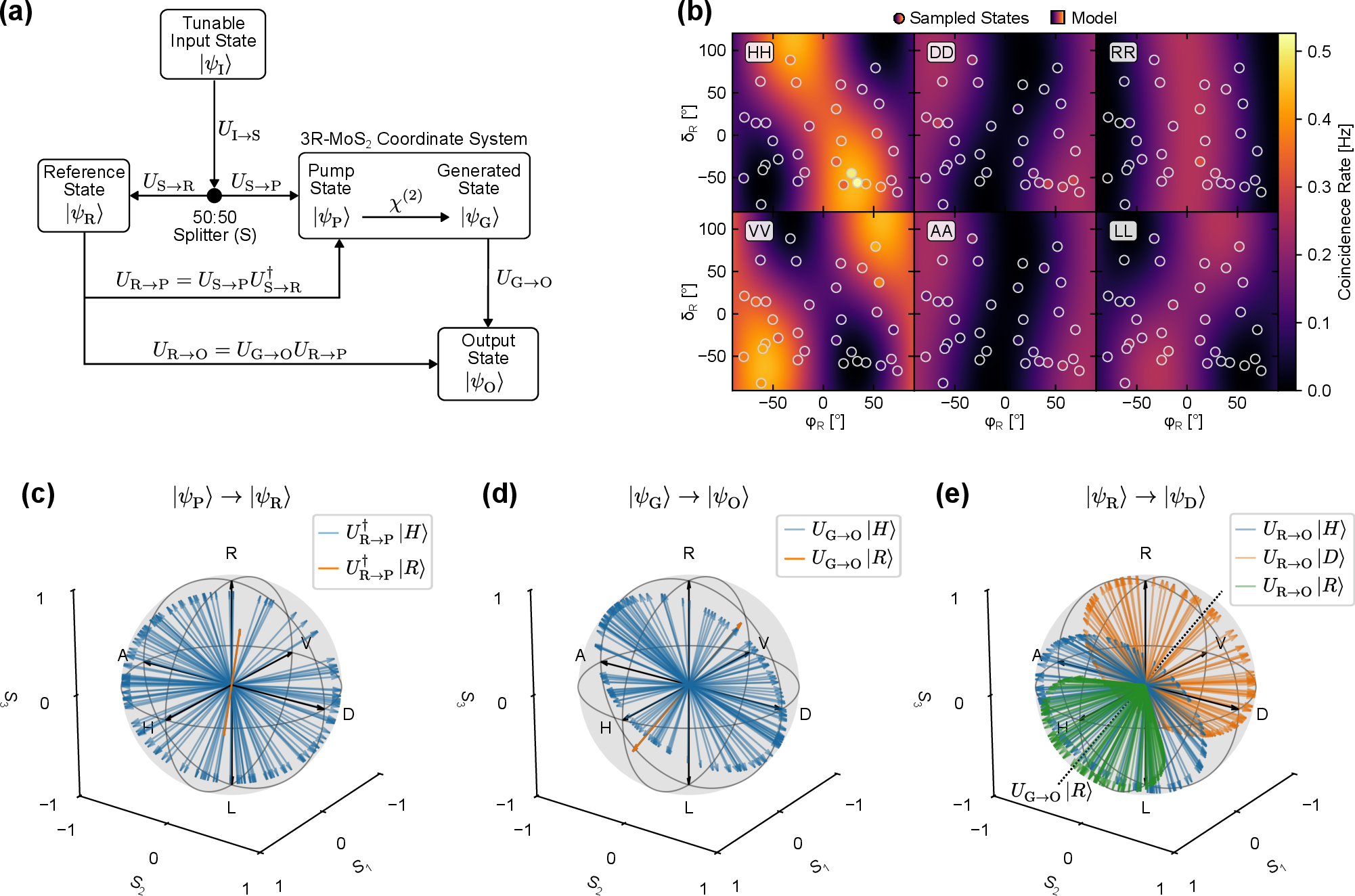 Figure 3: Device Calibration and Polarization State Mapping. (a) System of unitary transformations formed by the entangled photon generation setup. (b) Measured coincidence rates for each state projection of the sampled calibration states as a function of the corresponding reference state polarization angle \varphi_\mathrm{R} and retardance \delta_\mathrm{R}. Based on these samples, U_{\mathrm{R}\to\mathrm{P}} and U_{\mathrm{G}\to\mathrm{O}} are obtained via least-squares optimization. U_{\mathrm{R}\to\mathrm{P}} and U_{\mathrm{G}\to\mathrm{O}} are then used for calculating the output state. The color maps show the expected coincidence rates of the modeled output state as a function of \varphi_\mathrm{R} and \delta_\mathrm{R}. (c)-(e) State mappings highlighting the partial uniqueness of the obtained optima for U_{\mathrm{R}\to\mathrm{P}} and U_{\mathrm{G}\to\mathrm{O}}. All optimized U_{\mathrm{R}\to\mathrm{P}} map the same reference state onto either \ket{R} or \ket{L}, while the semi-orthogonal states vary freely. Similarly, all U_{\mathrm{G}\to\mathrm{O}} always map \ket{R} or \ket{L} onto the same state. For their product, all optimal solutions map the same states onto cones around the axis of U_{\mathrm{G}\to\mathrm{O}} \ket{R}.