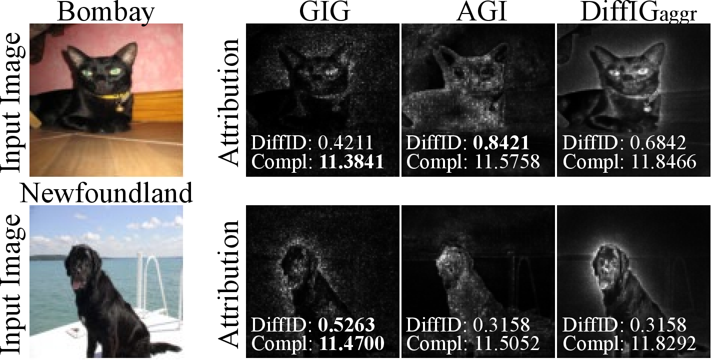 Figure 13: Representative trade-off/failure cases (Oxford-IIIT Pet/ResNet18). For the Bombay and Newfoundland examples, GIG attains lower complexity but through fragmented hot-pixel attribution (many small components), whereas DiffIGaggr recovers a large DiffID margin with more coherent foci. DiffID is higher-better and complexity is lower-better.