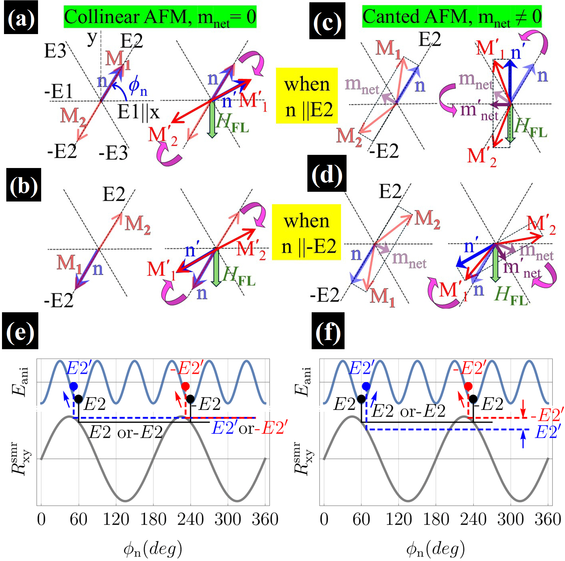 Figure 1: Response of spin configurations and SMR to applied field-like torque (due to \boldsymbol{H}_{\text{FL}}) in collinear and canted AFMs with tri-axial anisotropy. (a), (b) Initial (E2 or -E2) and final (E2^\prime or –E2^\prime) states in collinear AFMs; (c), (d) corresponding states in canted AFMs. (e), (f) Angular dependence of E_{\text{ani}} and R^{\text{SMR}}_{\text{xy}} with \phi_{\text{n}} for collinear and canted AFMs, respectively, where \phi_{\text{n}} is measured from \hat{x}. Opposite rotation in canted AFMs lifts the degeneracy between E2 and –E2, yielding distinct SMR for E2^\prime and –E2^\prime, unlike collinear AFMs.