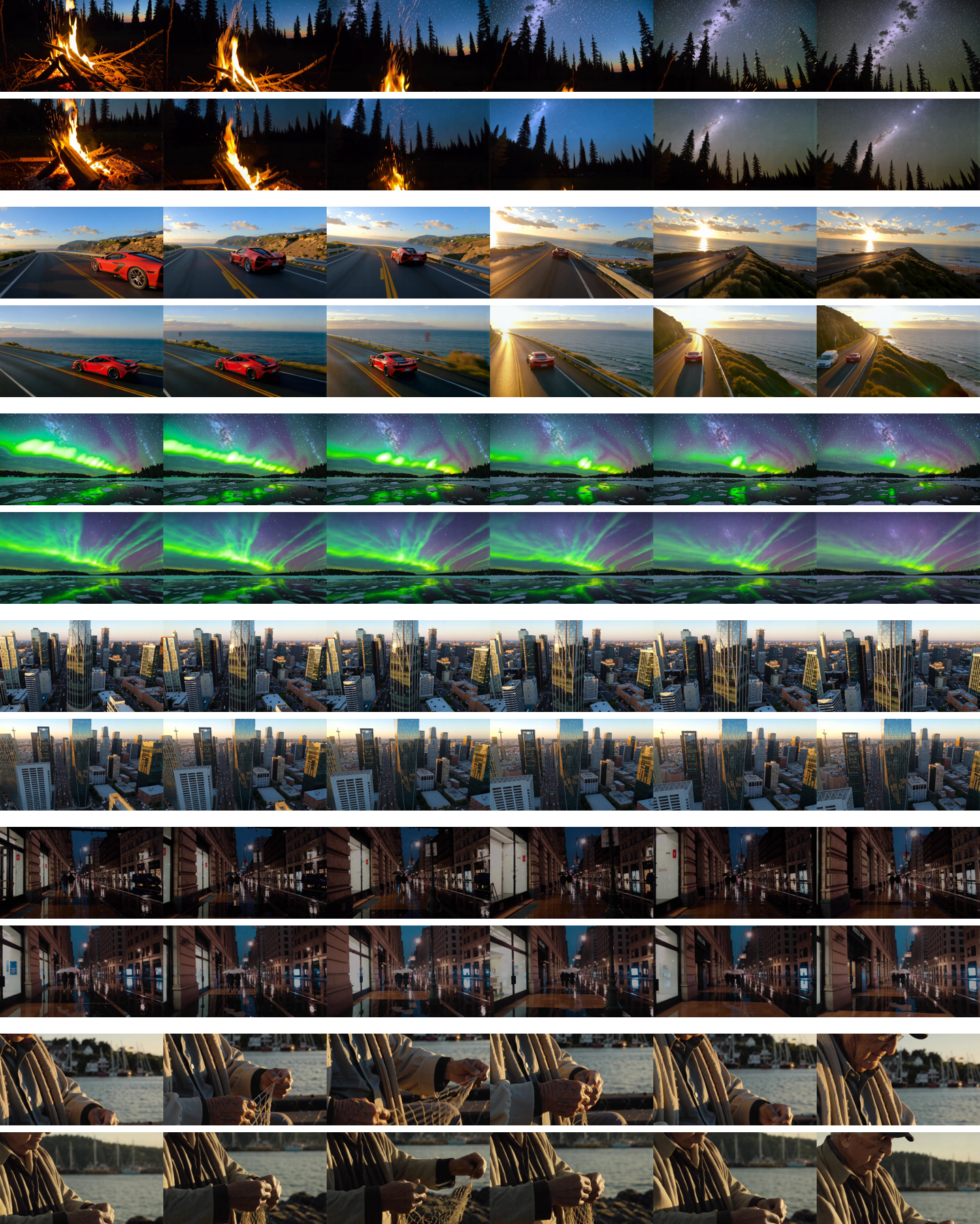 Figure 11: LTX-2.3 visual demo comparisons. The video pairs compare the unaccelerated SGLang deployment with the Sol-Engine accelerated pipeline. The upper strip shows the unaccelerated SGLang result and the lower strip shows the Sol-Engine result. With 2.38\times end-to-end acceleration over SGLang, the accelerated pipeline maintains the overall visual quality, temporal coherence, and scene composition.
