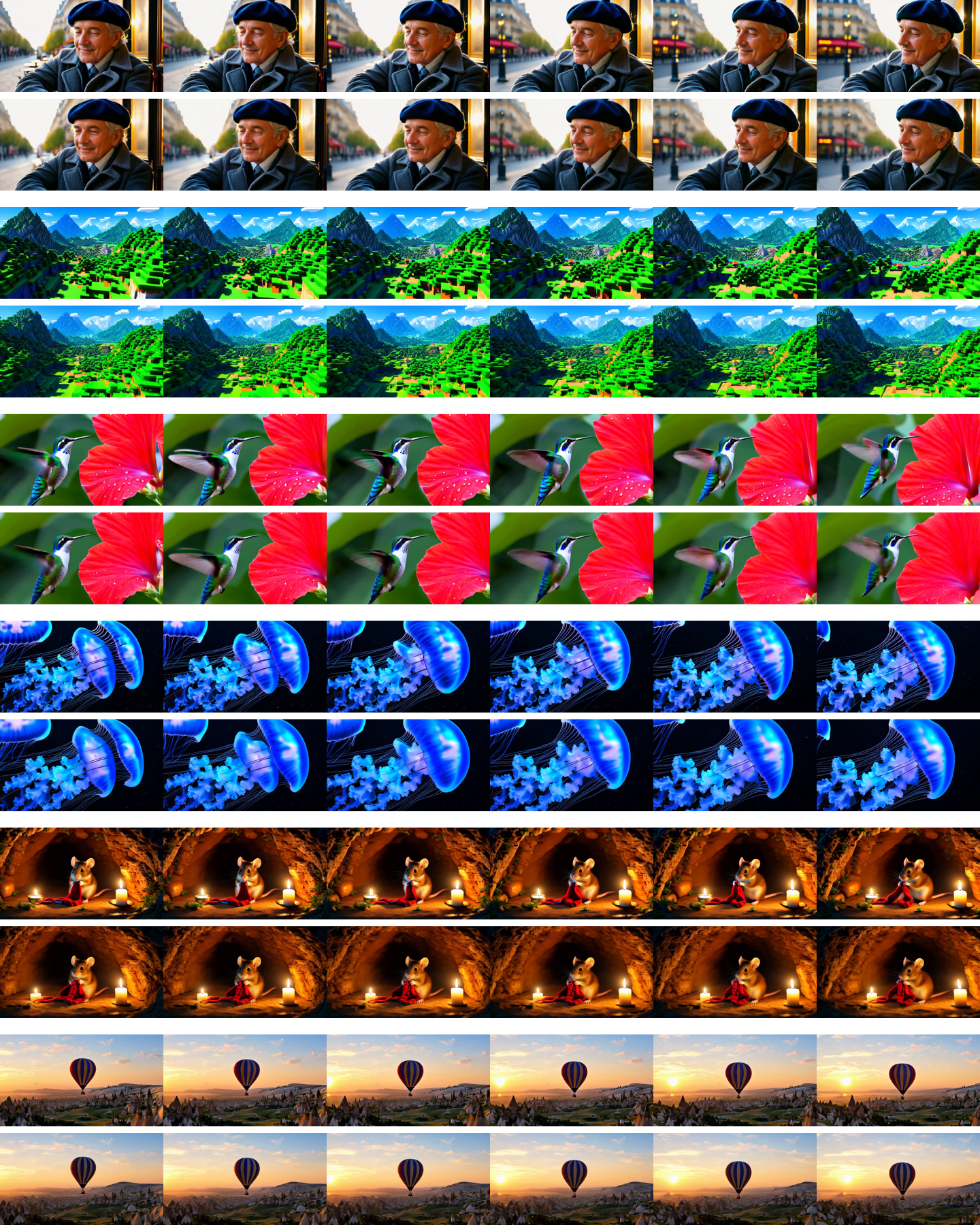Figure 12: SANA-Video visual demo comparisons. The video pairs compare the unaccelerated SGLang deployment with the Sol-Engine accelerated pipeline. The upper strip shows the unaccelerated SGLang result and the lower strip shows the Sol-Engine result. With 2.77\times end-to-end acceleration over SGLang, the accelerated pipeline preserves prompt-level appearance, motion trends, and perceptual quality.