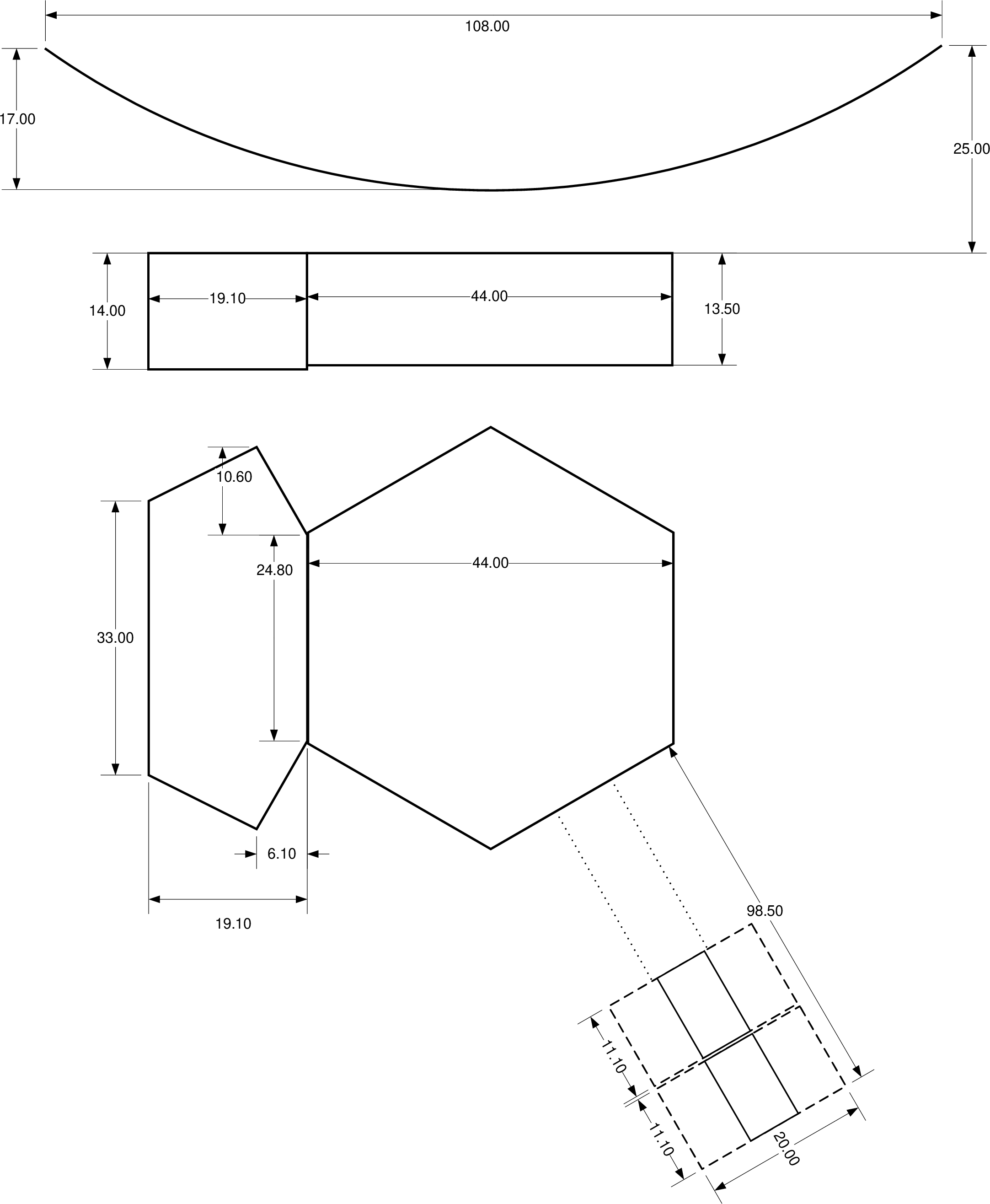 Figure 2: Approximate dimensions of the main components of the Pioneer spacecraft body (from [@PC220]). The HGA, main spacecraft body, and one RTG shown; RTG boom length not drawn to scale.