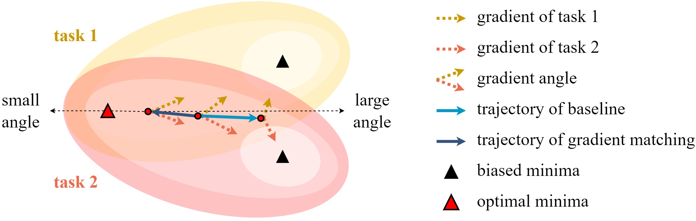 Figure 2: Previous research [16] has demonstrated that the large angle between gradients of two tasks introduces contradictions in optimization.