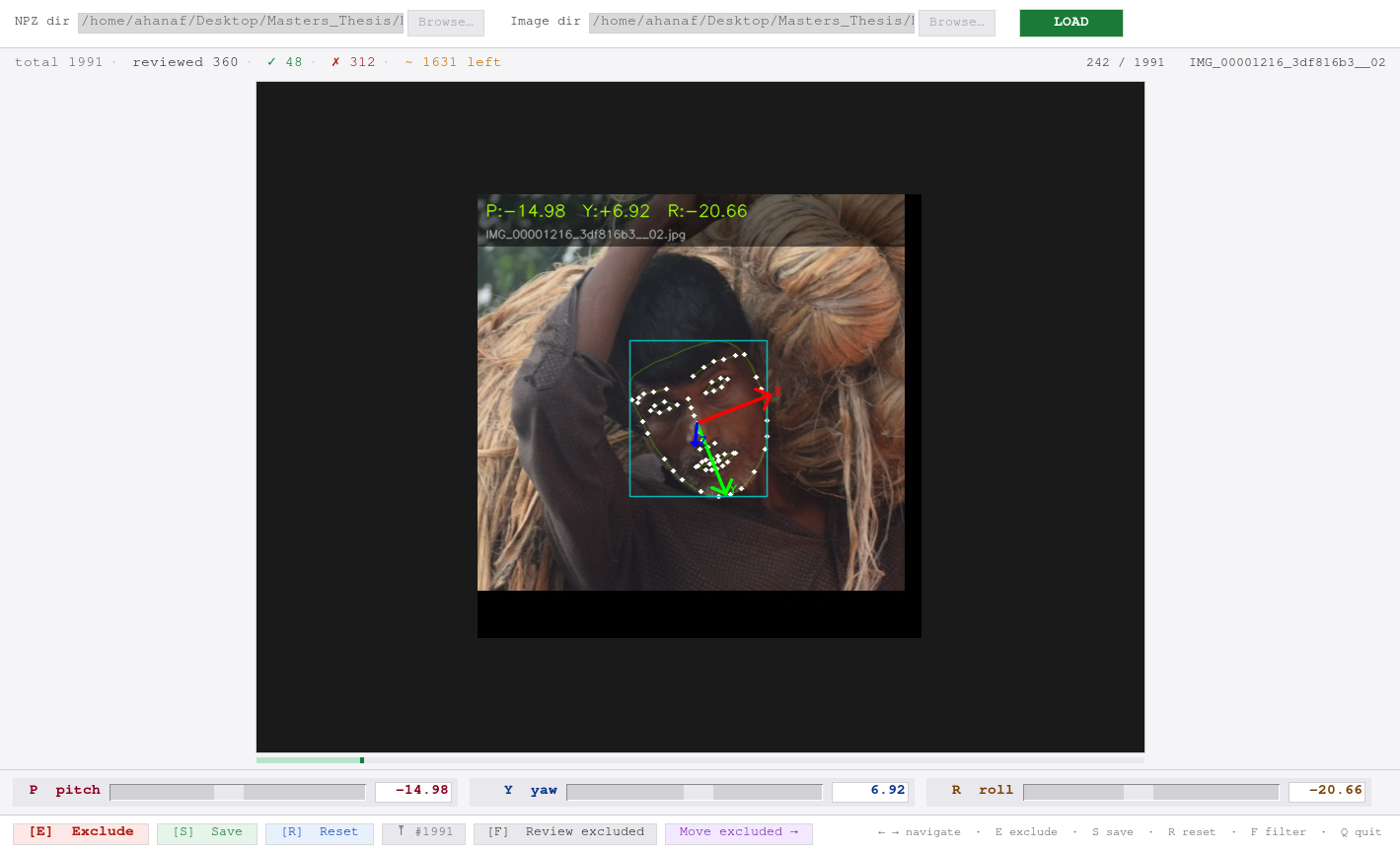 Figure 2: Our custom head pose annotation tool. For each image, the tool overlays the 68 facial landmarks and a 3D pose axis (red, green, and blue arrows) on the detected face, along with the computed pitch (P), yaw (Y), and roll (R) values. Annotators could adjust the angles using the sliders at the bottom and save, reset, or exclude each image individually.