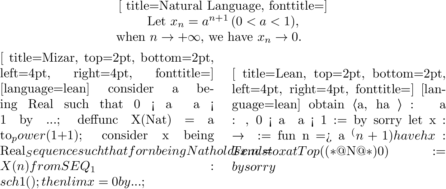 Figure 1: The same proof snippet written in natural language, the Mizar proof language, and the Lean proof language.