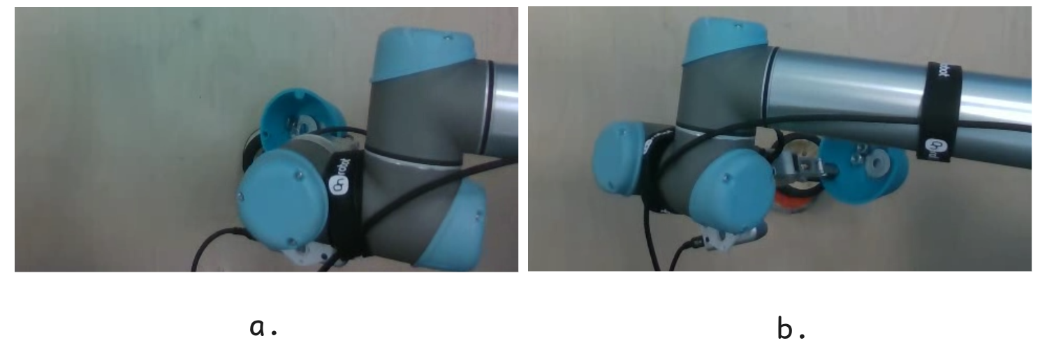 Figure 10: Incorrect grasp-side failure in the pouring nut task. (a) The robot grasps the blue container from a suitable side, enabling it to lift and pour the contents. (b) The robot grasps the blue container from the wrong side, which prevents a successful pouring motion.