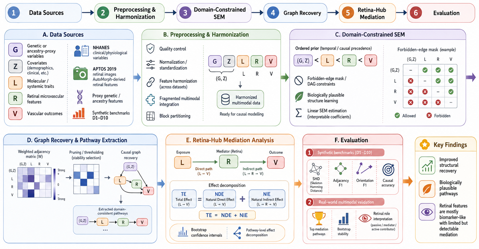 Figure 2: Overview of the RetiSEM workflow, from fragmented biomedical data harmonisation to constrained graph recovery, retina-hub mediation analysis, and evaluation.