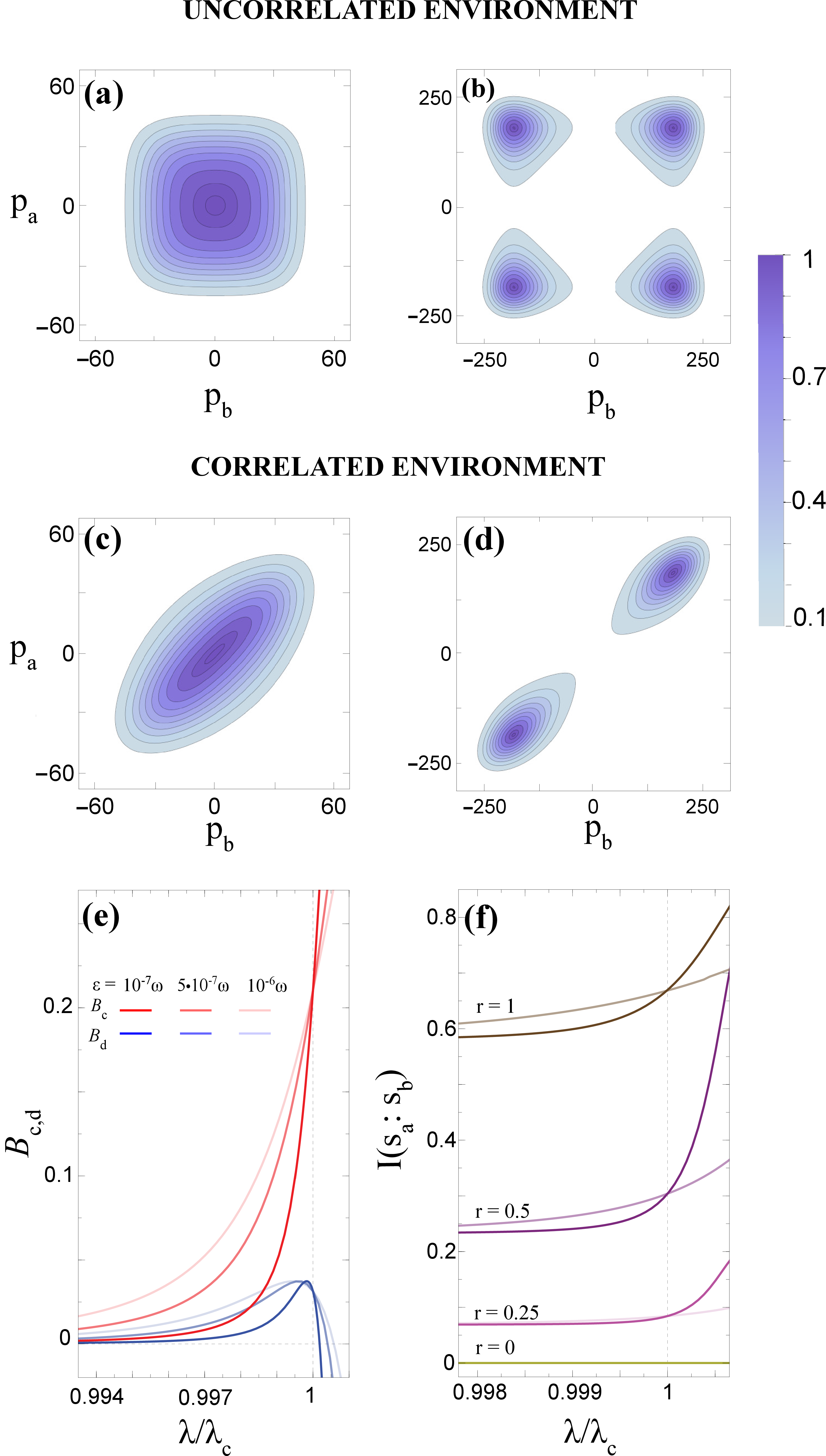 Figure 4: Non-gaussian theory. (a-d) Steady-state Wigner function in the p_bp_a plane obtained analytically via the slaving principle. In panels (a) and (b) the environments are uncorrelated, r=0, whereas, in panels (c) and (d), they are entangled, r=0.25. Numerical values are \omega=10, \gamma=1, \epsilon=10^{-5}, and \lambda=0.9998\lambda_c (panels (a) and (c)), \lambda=1.0018\lambda_c (panels (b) and (d)). (e) Binder cumulants of the modes \hat{c} and \hat{d} for a correlated environment and \lambda\sim\lambda_c. They are obtained via numerical integration of the analytical solution for decreasing values of \epsilon=\left\{1,0.5,0.1\right\} 10^{-6}\omega. Other numerical values are \gamma=0.1\omega and r=0.25. (f) Mutual information shared between the coarse-grained variables s_a and s_b for increasing bath correlations. Lighter lines are for \epsilon=10^{-6}, darker ones for \epsilon=10^{-7}. As in panel (e), we numerically integrated the analytical solution taking \gamma=0.1\omega.