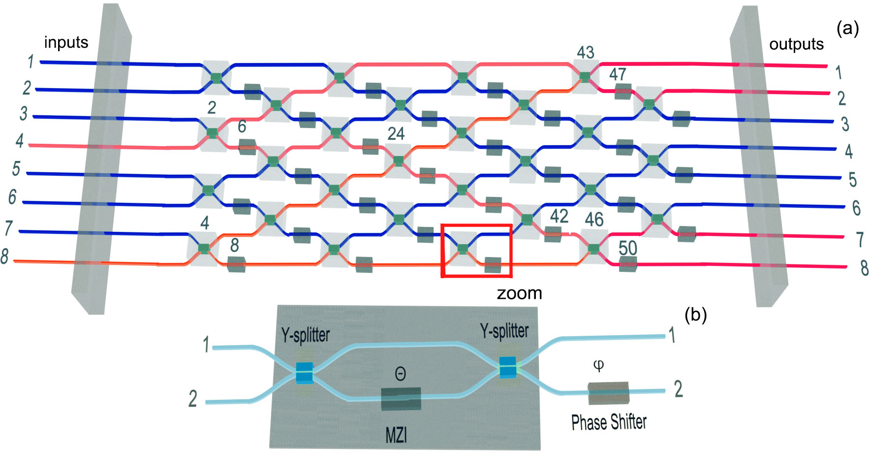 Figure 1: (a) Schematic of the photonic processor featuring an 8-mode mesh of MZIs and TPSs. The red and orange lines indicate the two input signal paths. (b) A zoomed-in view of the highlighted unit cell (red rectangle in (a)), which consists of an MZI and an external phase shifter, illustrating the basic building block of the processor.