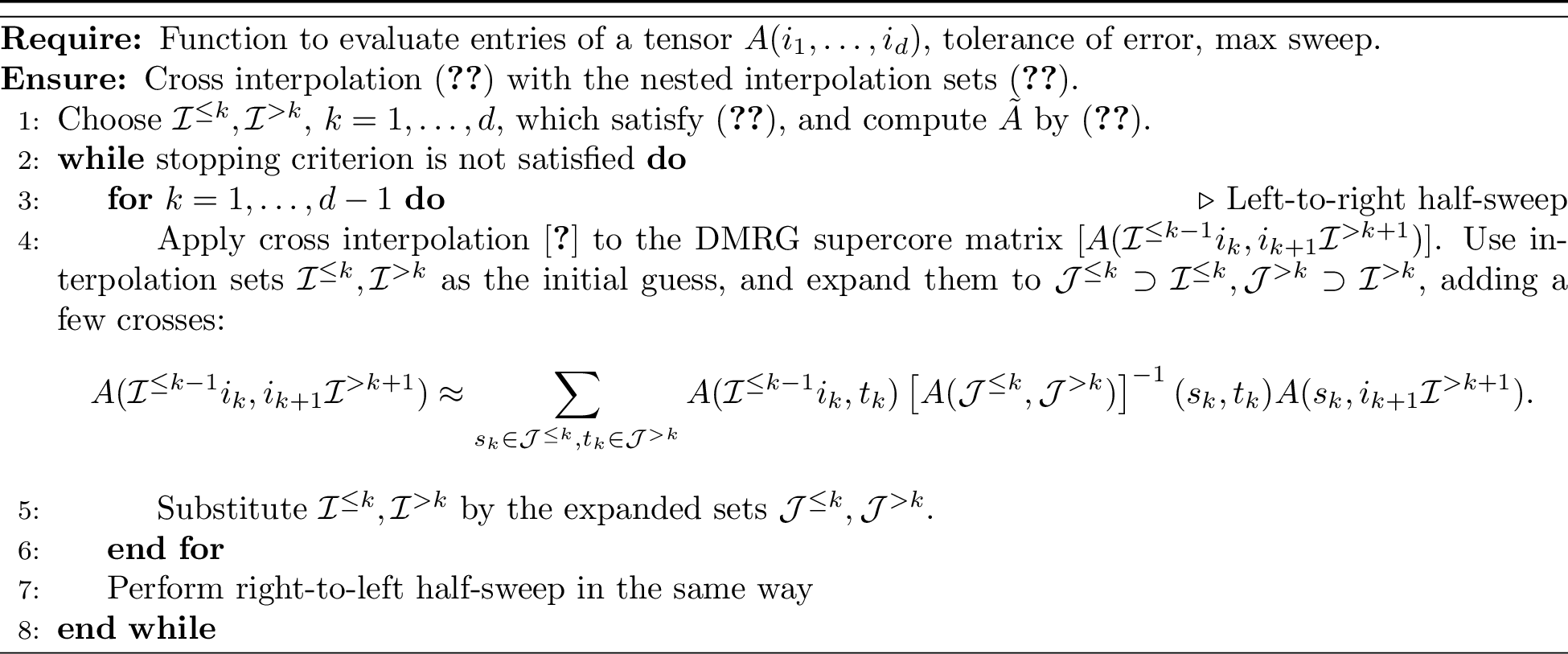 Figure 2: Greedy restricted cross interpolation algorithm for TTs [26].