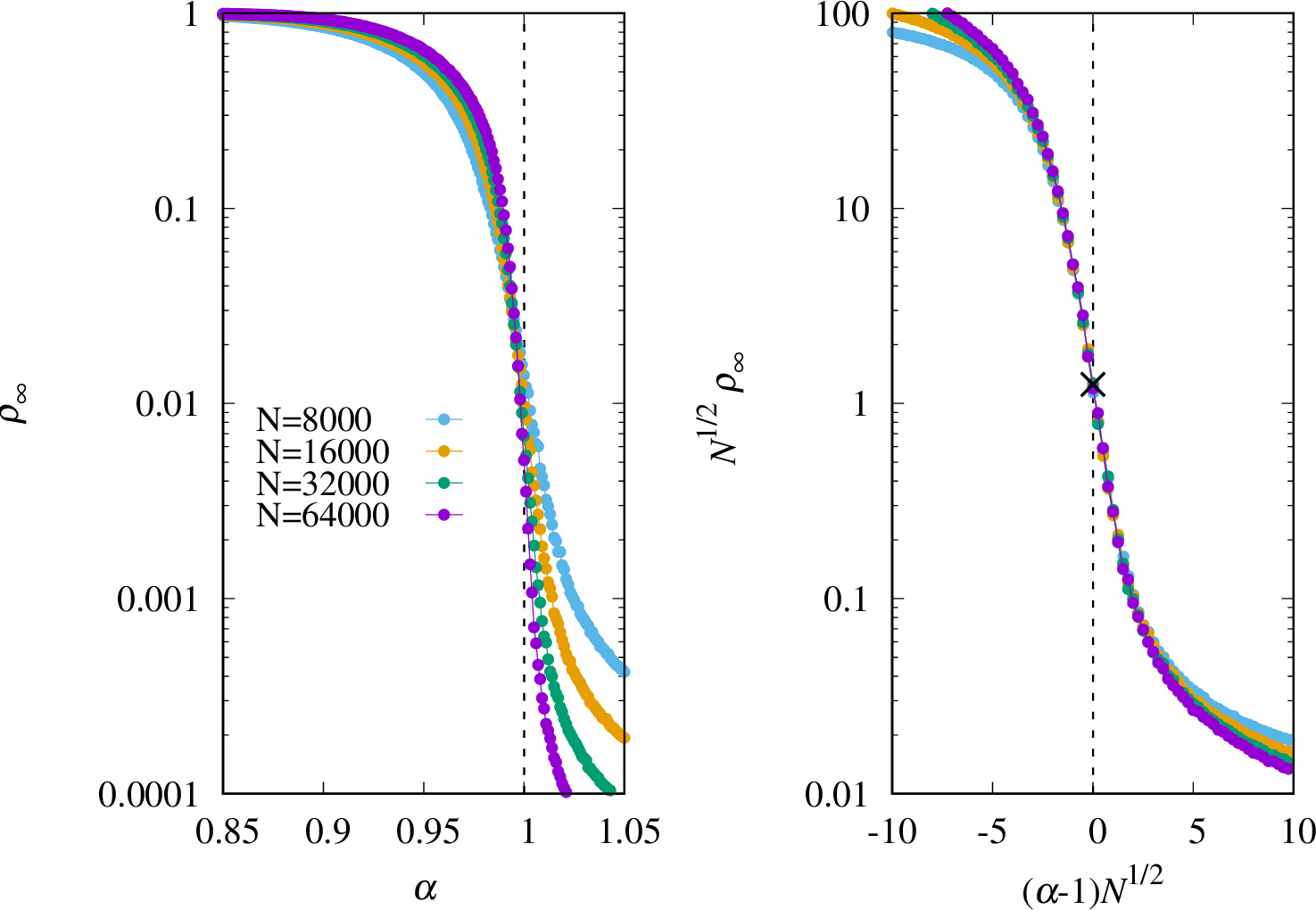 Figure 1: Finite-size scaling of the cascade transition for the power function distribution. (Left) The expected final macroscopic active fraction \rho_\infty as a function of the susceptibility index \alpha for system sizes N = 8000, 16000, 32000, and 64000. The vertical dashed line marks the theoretical transition point at \alpha = 1. (Right) Data collapse of the macroscopic fractions obtained by plotting the rescaled order parameter N^{1/2} \rho_\infty against the finite-size scaling variable (\alpha - 1) N^{1/2}, confirming the critical exponent \nu = 2. The vertical dashed line indicates the critical point (\alpha - 1) N^{1/2} = 0. The cross symbol (\times) at the coordinates (0, \sqrt{\pi/2}) represents the exact analytical prediction for the finite-size scaling at \alpha = 1. In both panels, the y-axis is displayed on a logarithmic scale to highlight the intersection points and the precise scaling behavior. All data points represent Monte Carlo ensemble averages over 10^5 independent threshold realizations.