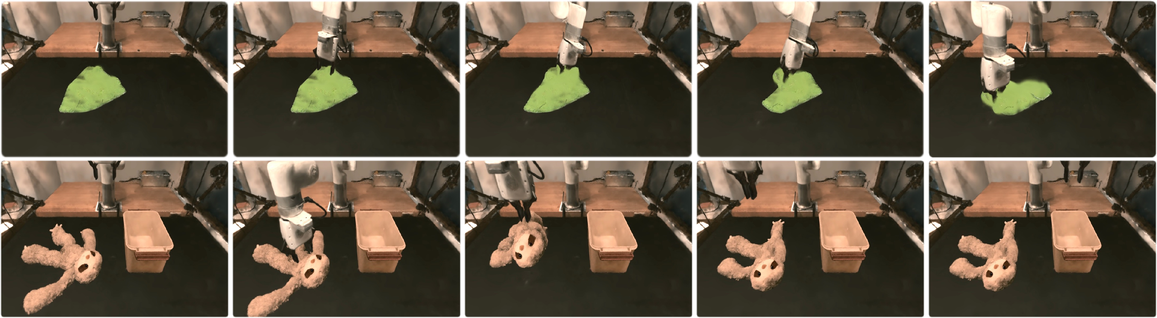 Figure 9: Representative failure cases. Common failure modes include grasp misalignment on extreme deformations (Top), and premature release due to contact instability (Bottom).
