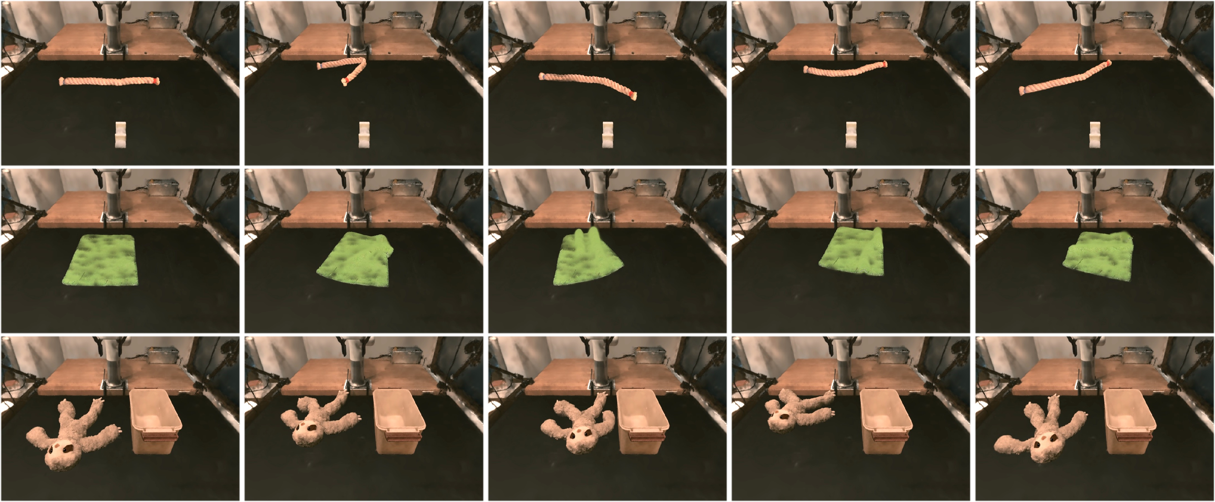 Figure 3: Examples of augmented object states. Each row shows one task. The leftmost column is the source demonstration state; subsequent columns show states generated by DeformGen via dynamics-based topological augmentation. All states are physically plausible and exhibit diverse topological variations.