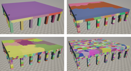 Figure 1: Fracture groups in the Unreal Engine Chaos simulation. Larger groups split into smaller ones as the applied force grows.