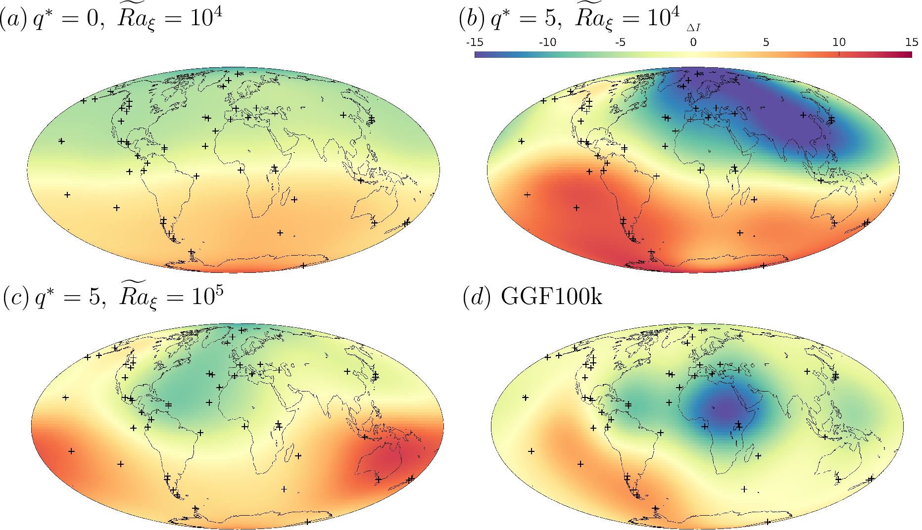 Figure 6: Time-averaged inclination anomaly (\IncAnom) maps at Earth’s surface with site locations from the PSV10 database [73] marked by crosses. The time-averaged field has been truncated at \truncation=10.