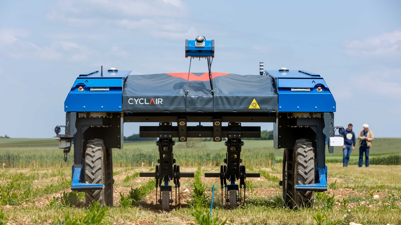 Figure 3: The weeding rover platform, a 2 ton, 3 meter autonomous agricultural rover designed specifically for weeding operations. It uses artificial intelligence and GNSS to navigate crop fields.
