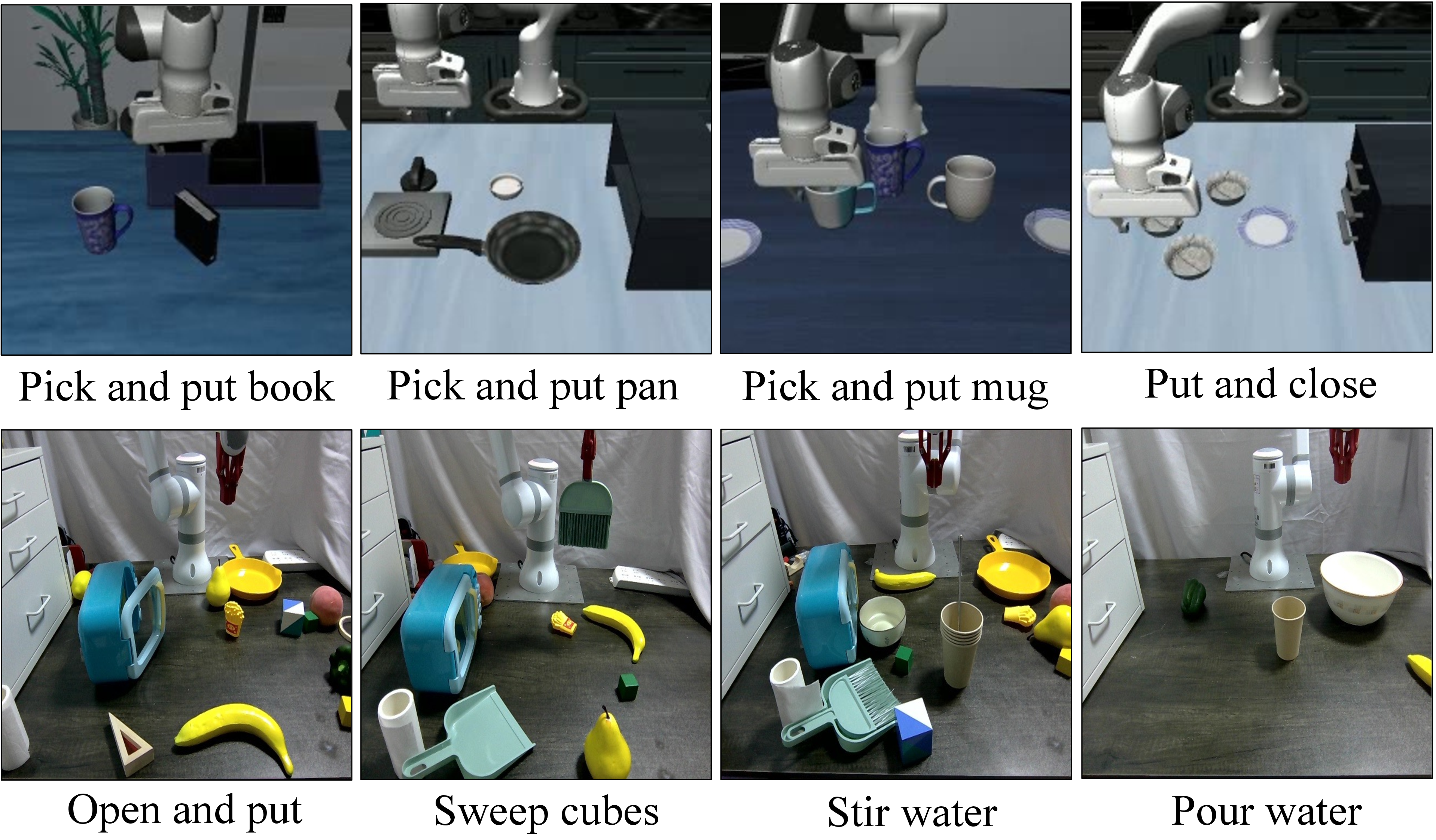 Figure 3: Experimental setup. Top: LIBERO. Bottom: Real world.