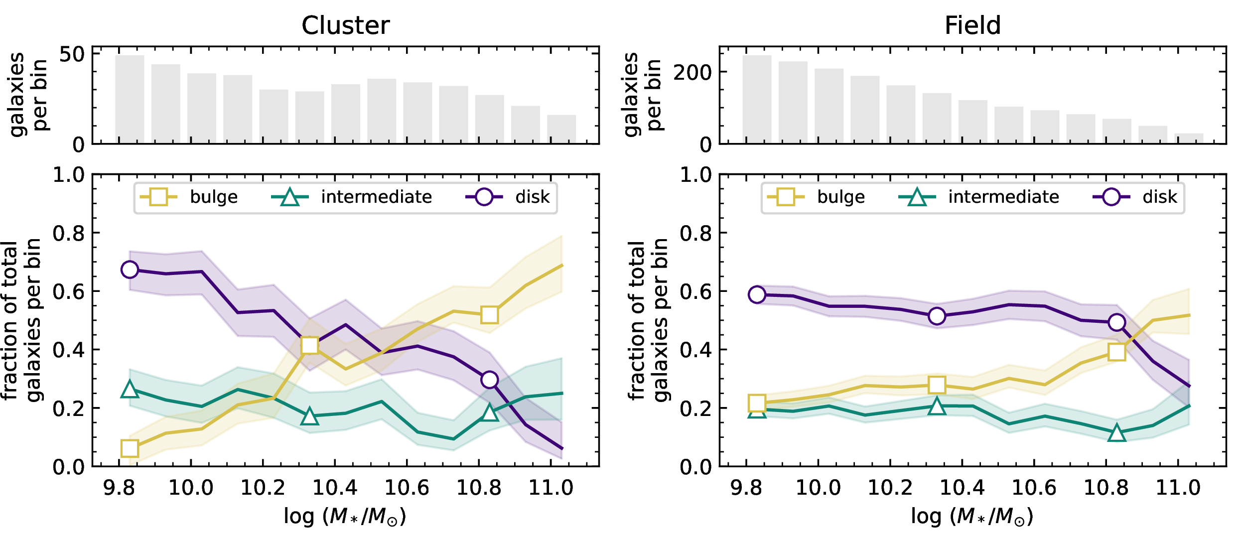 Figure 10: The morphology-mass relation in cluster galaxies (left) and field galaxies (right) at z\sim1.6, plotted using a fixed-width box kernel as described in Section 4.2. The fraction of bulge-like galaxies is shown as a yellow line with square symbols, intermediate galaxies as a green line with triangles, and disk-like galaxies as a purple line with circles. Symbols are placed along each line showing the closest distance between fully independent bins. Shaded regions represent the 68 percent credible interval. Upper panels show the number of galaxies in each bin (not representative of bin widths).