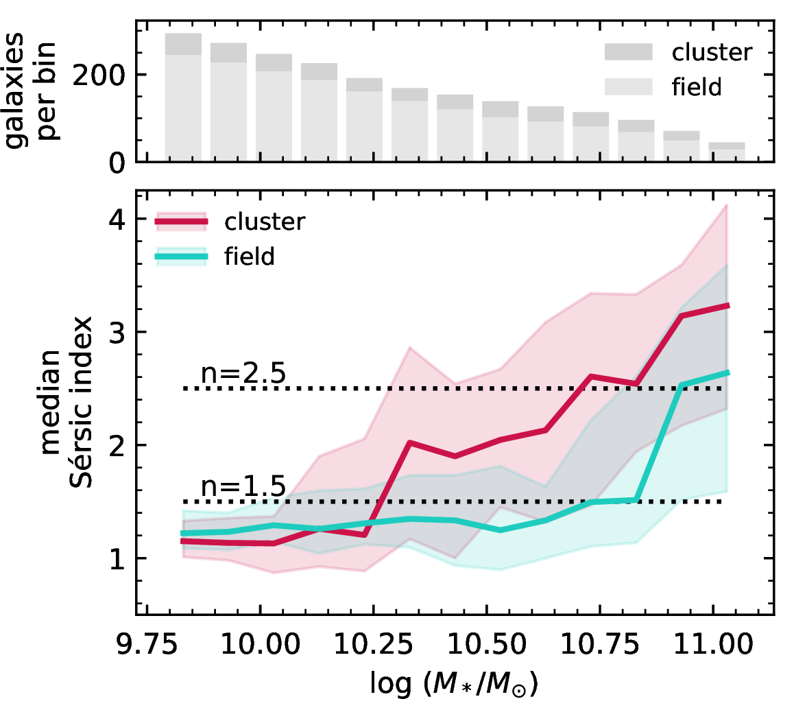 Figure 12: Median Sérsic index as a function of galaxy stellar mass for cluster galaxies (solid red) and field galaxies (solid cyan), plotted using a fixed-width box kernel. Shaded regions show the 95% confidence interval from bootstrapping. Horizontal dotted lines indicate n=1.5 and n=2.5. The upper panel shows the number of field galaxies (light grey) and cluster galaxies (darker grey) in each bin as a stacked histogram.