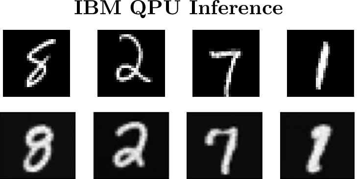 Figure 7: IBM Yonsei quantum hardware inference results. Original MNIST test samples (top) and reconstructions decoded from quantum measurements (bottom). The ansatz encoder was executed in inference-only mode with fixed trained parameters.