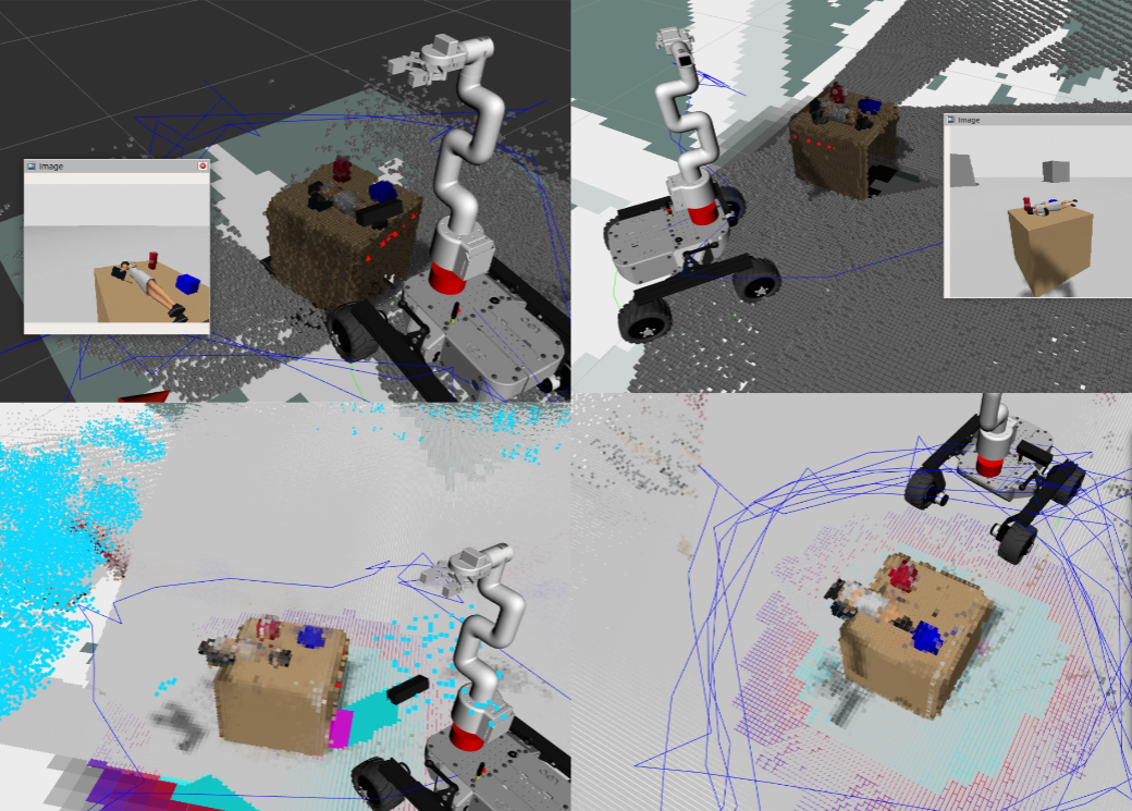 Figure 2: Qualitative KRVF runtime views. Four RViz views of the same KRVF map representation are shown. The two upper panels show the block-style world rendered from different viewpoints using MarkerArray cube markers, emphasizing the discrete voxel-block structure used for visual inspection. The two lower panels show the corresponding voxel point-cloud representation from two viewpoints, emphasizing the dense spatial distribution of occupied voxels. Together, the panels show that KRVF can expose the same voxel state both as block-level visualization and as point-cloud geometry.