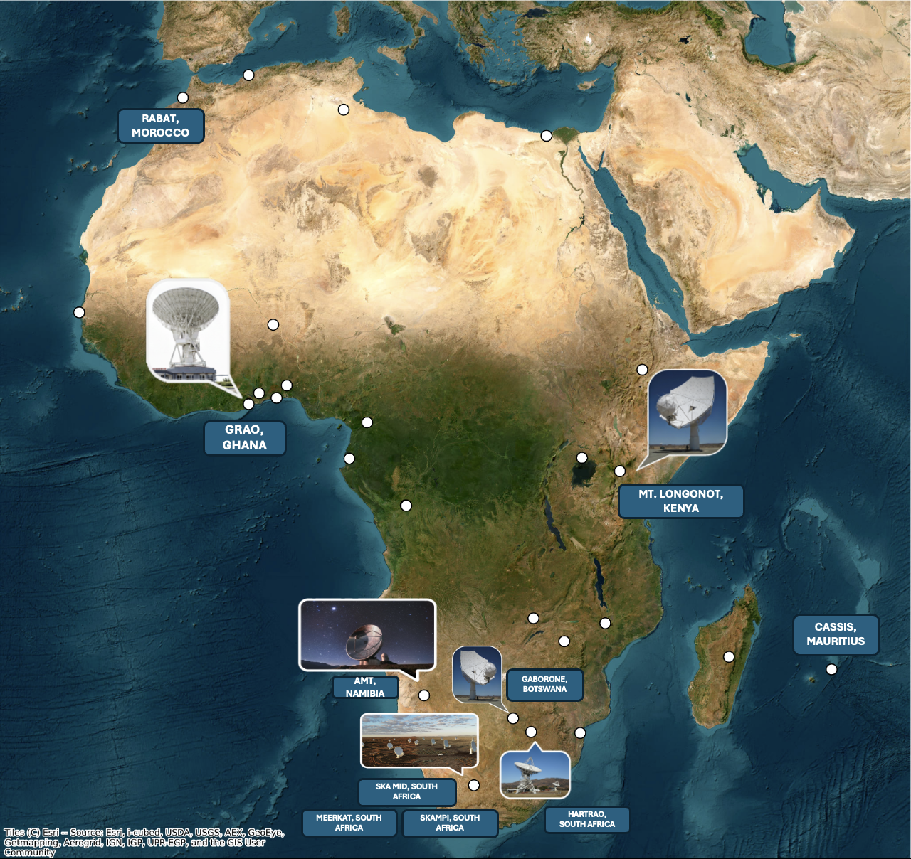 Figure 1: Overview of the locations of the decommissioned satellite antennas previously identified for inclusion in the SKA Partner countries array, together with the potential sites for new SKA-Mid–type antennas across Africa and other planned and current operational antennas. These locations illustrate a possible configuration of a future continental African VLBI array, with maximum baseline length between, e.g. Morocco and Mauritius. The full list of stations is provided in Table ¿tbl:tab:avn95baseline?.