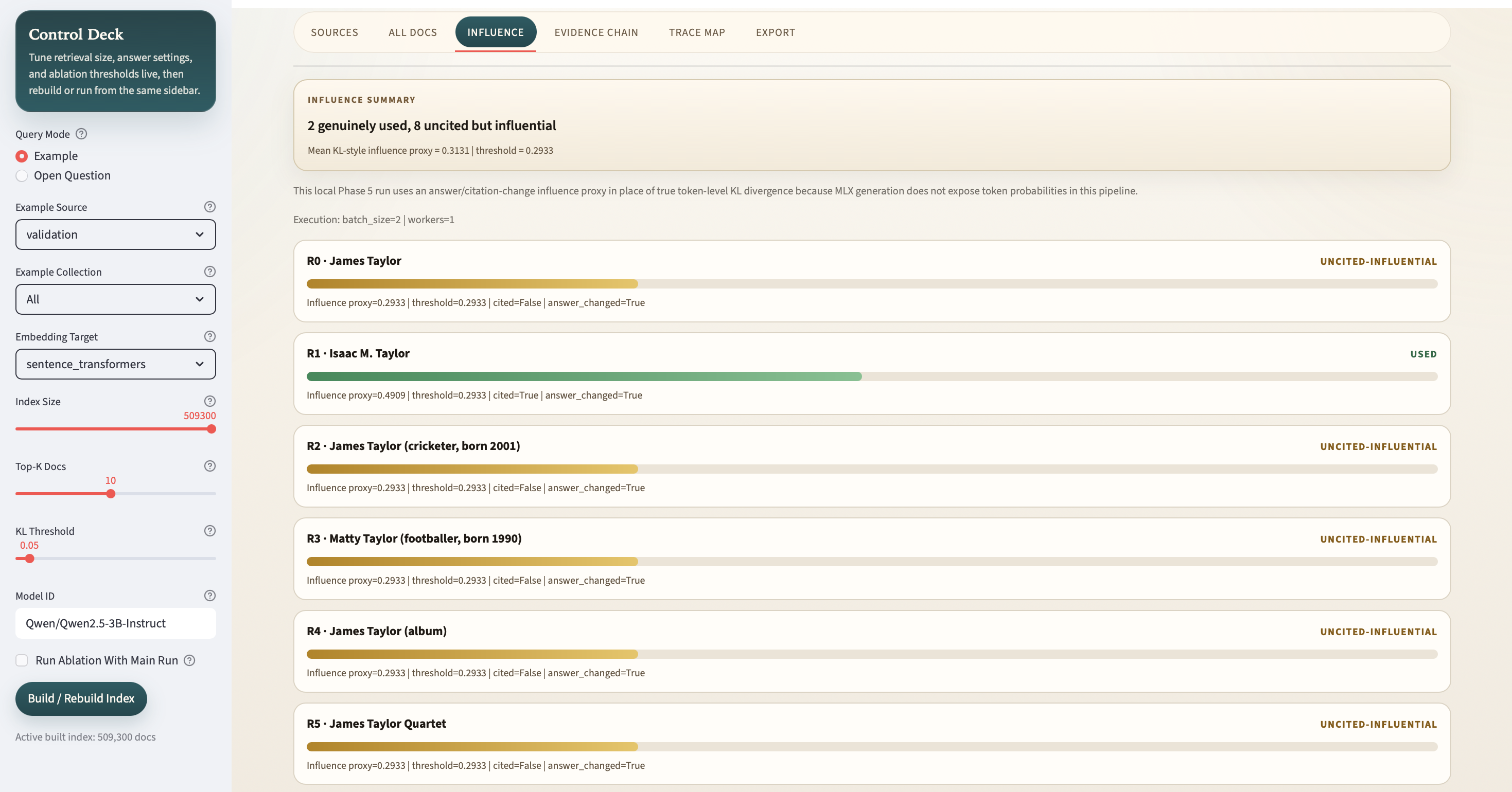Figure 5: Ablation view showing leave-one-resource-out influence results and answer or citation changes.