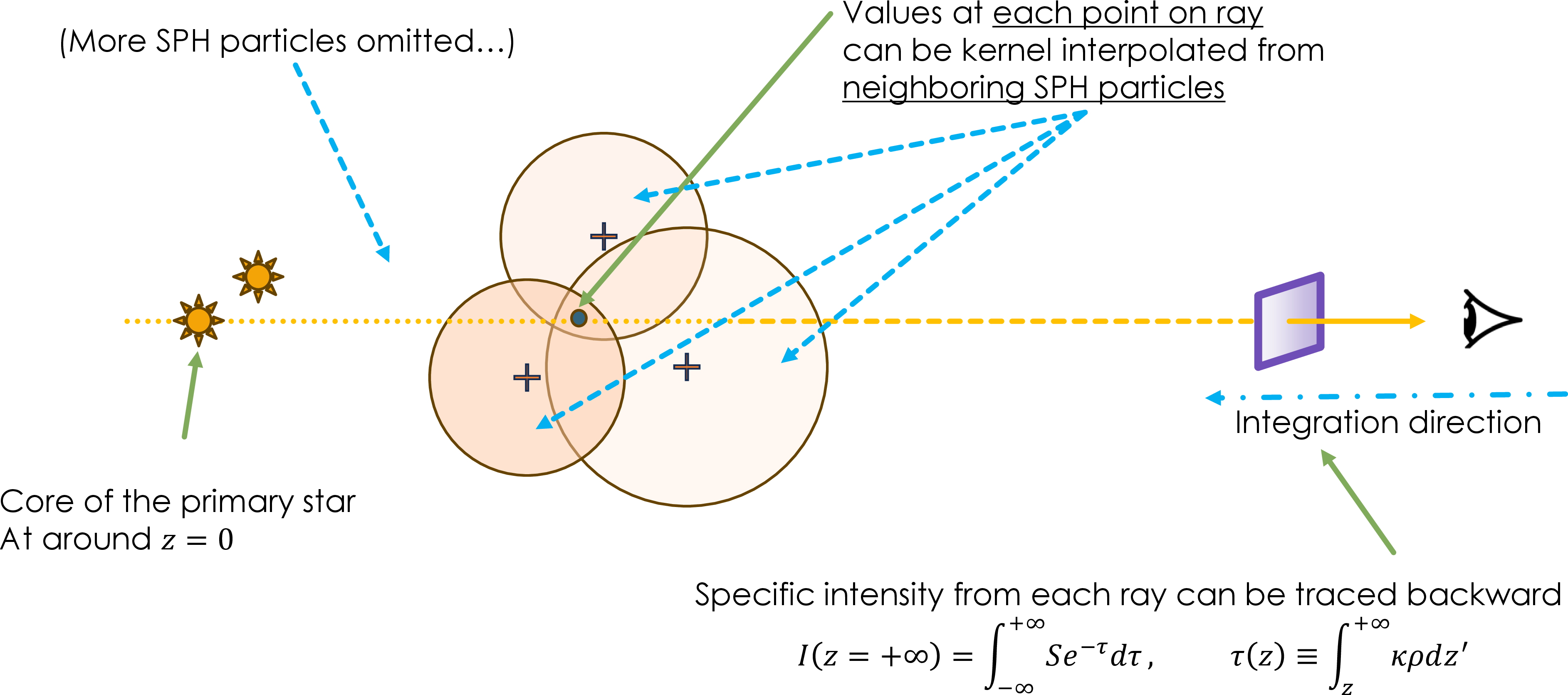 Figure 14: Diagram of how rays (yellow line) from z=-\infty (far left) passing through the simulated CE, which is represented by a collection of SPH particles (plus signs with circles around), reach the observer (black eye) at z=+\infty. Some SPH particles contribute to quantities at a specific point in the ray (dark green circle on the yellow ray) when they are closer to that point than 2h, where h is the smoothing length of the particle. Near the surface, the density, \rho, is low and thus the smoothing lengths of particles at that location is large, increasing the size of the particles, resulting in much more overlap with rays. This becomes a significant source of uncertainty if the particle has an opacity, \kappa_j, large enough to single-handedly block out the ray (i.e., \Delta \tau_j \gtrsim 1, see Equation 16 ), meaning that the value of I_i for that tile is provided by a single (or few) particle(s), thus failing to capture the details of the structure near the surface.