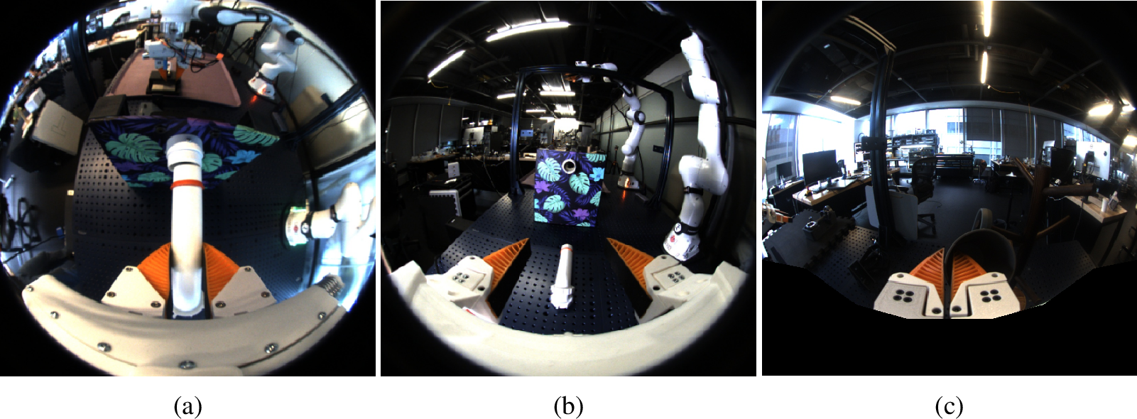 Figure 6: Image Masking. We visualize the on-robot gripper (a) alongside its handheld data collection counterpart (b). To prevent the model from exploiting the visual differences between the bodies of these two devices, we apply a mask to the gripper body (c).