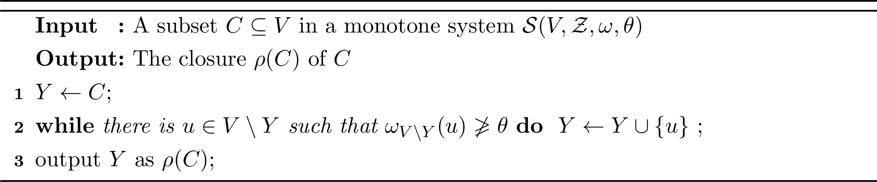 Figure 2: An algorithm to compute the closure \rho(C) of a subset C\subseteq V