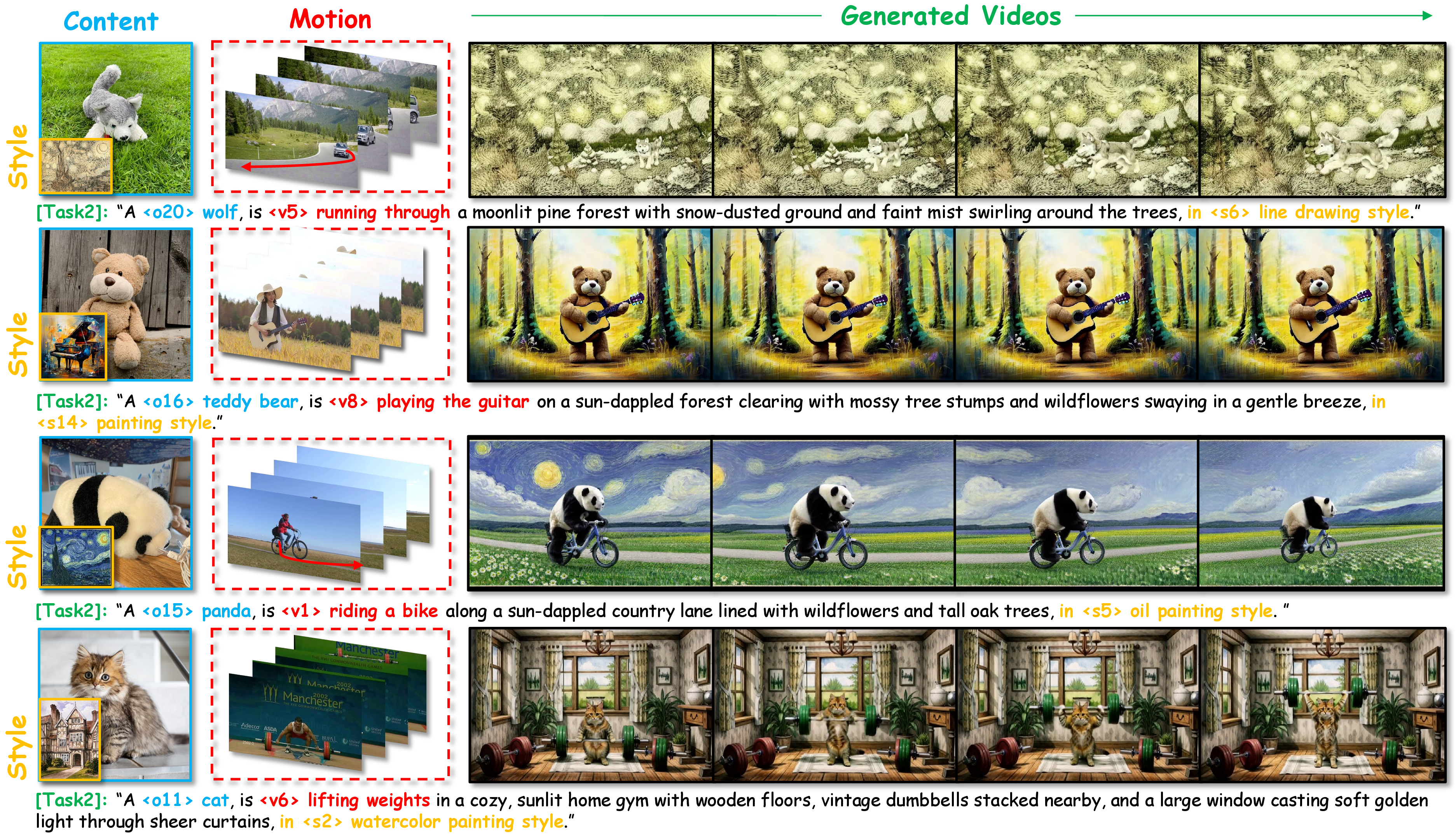 Figure 18: Additional qualitative results for Task 2. We generated a diverse set of customized videos to validate our approach. These samples highlight the accurate extraction of target concepts and the robust generalization of our model.