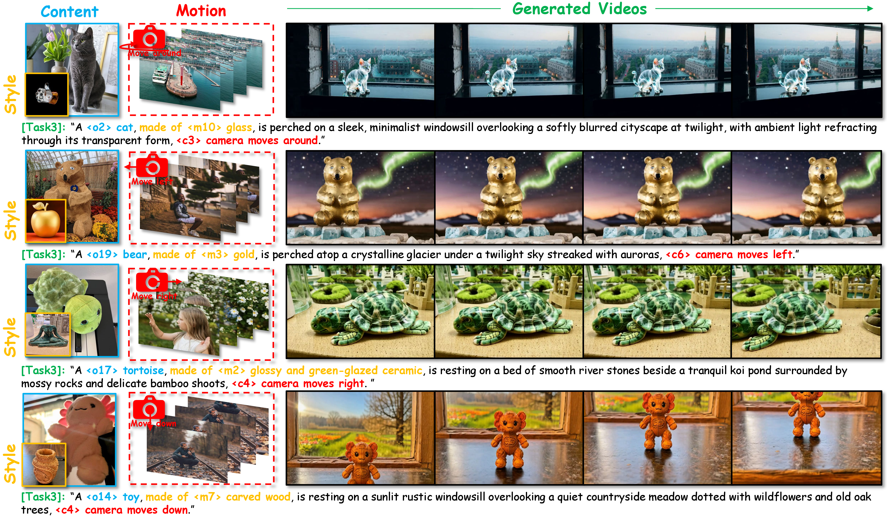 Figure 19: Additional qualitative results for Task 3. We generated a diverse set of customized videos to validate our approach. These samples highlight the accurate extraction of target concepts and the robust generalization of our model.