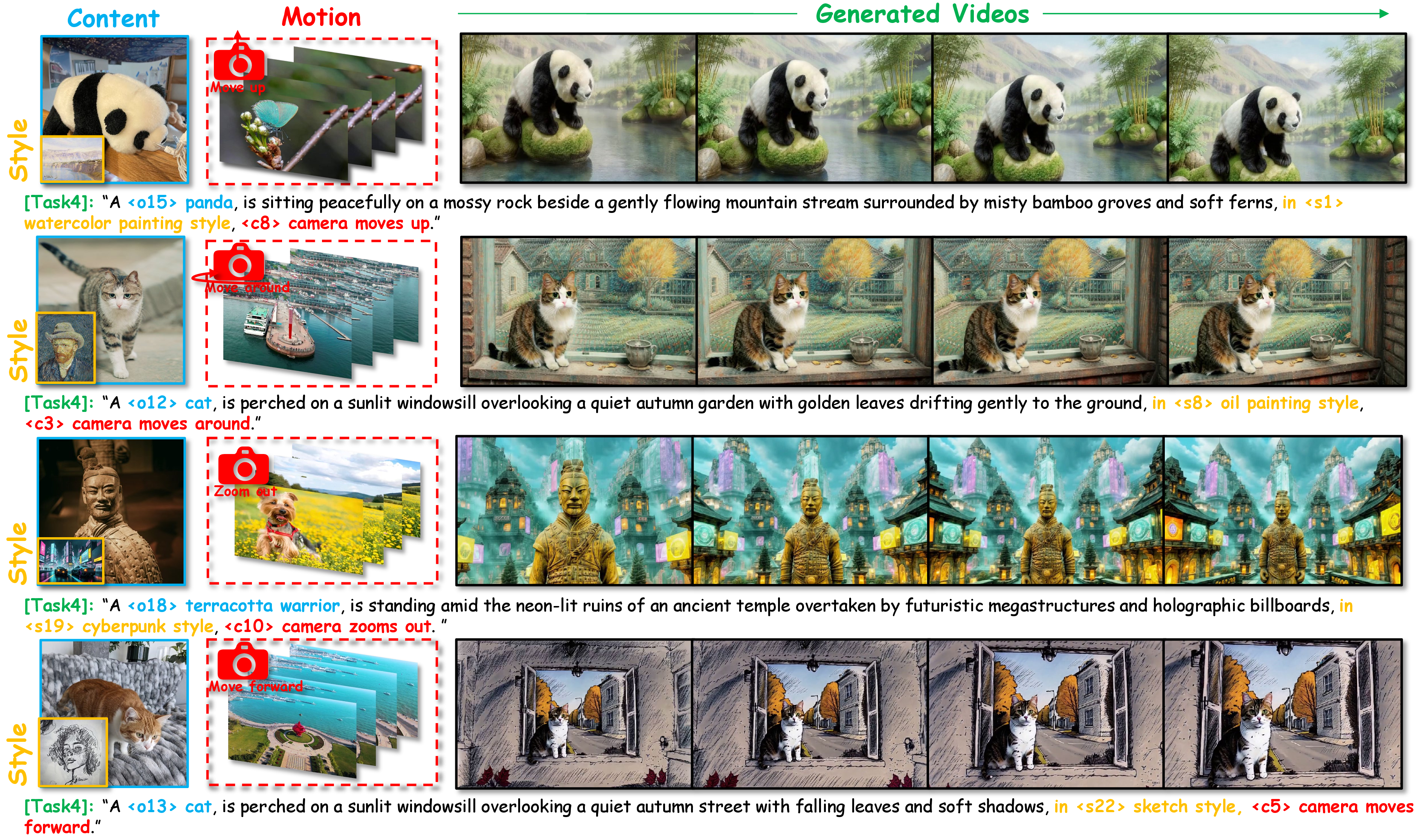 Figure 20: Additional qualitative results for Task 4. We generated a diverse set of customized videos to validate our approach. These samples highlight the accurate extraction of target concepts and the robust generalization of our model.